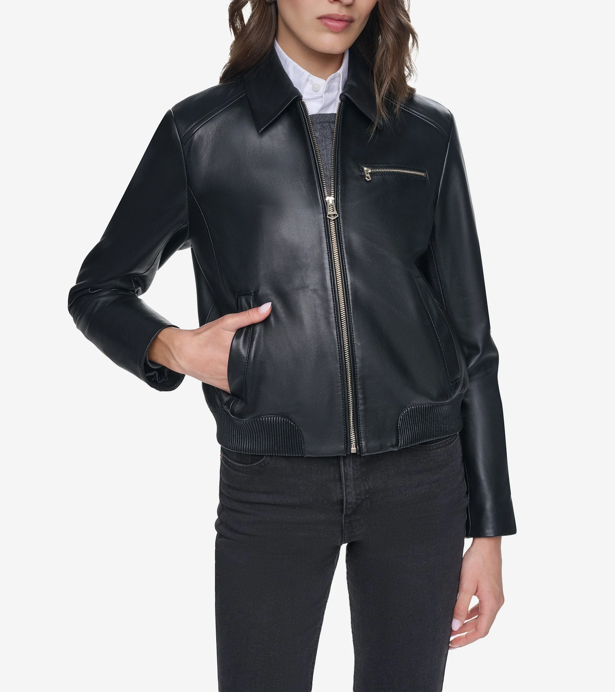Women's Smooth Leather Bomber Jacket with Chest Pocket - 1