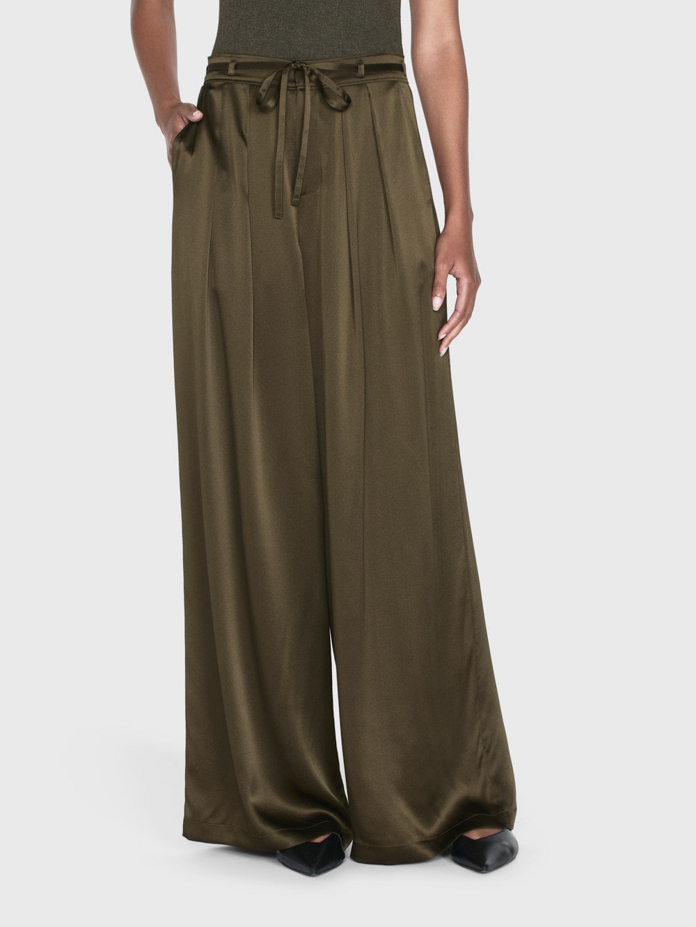 Long Silk Trouser in Rich Military - 3
