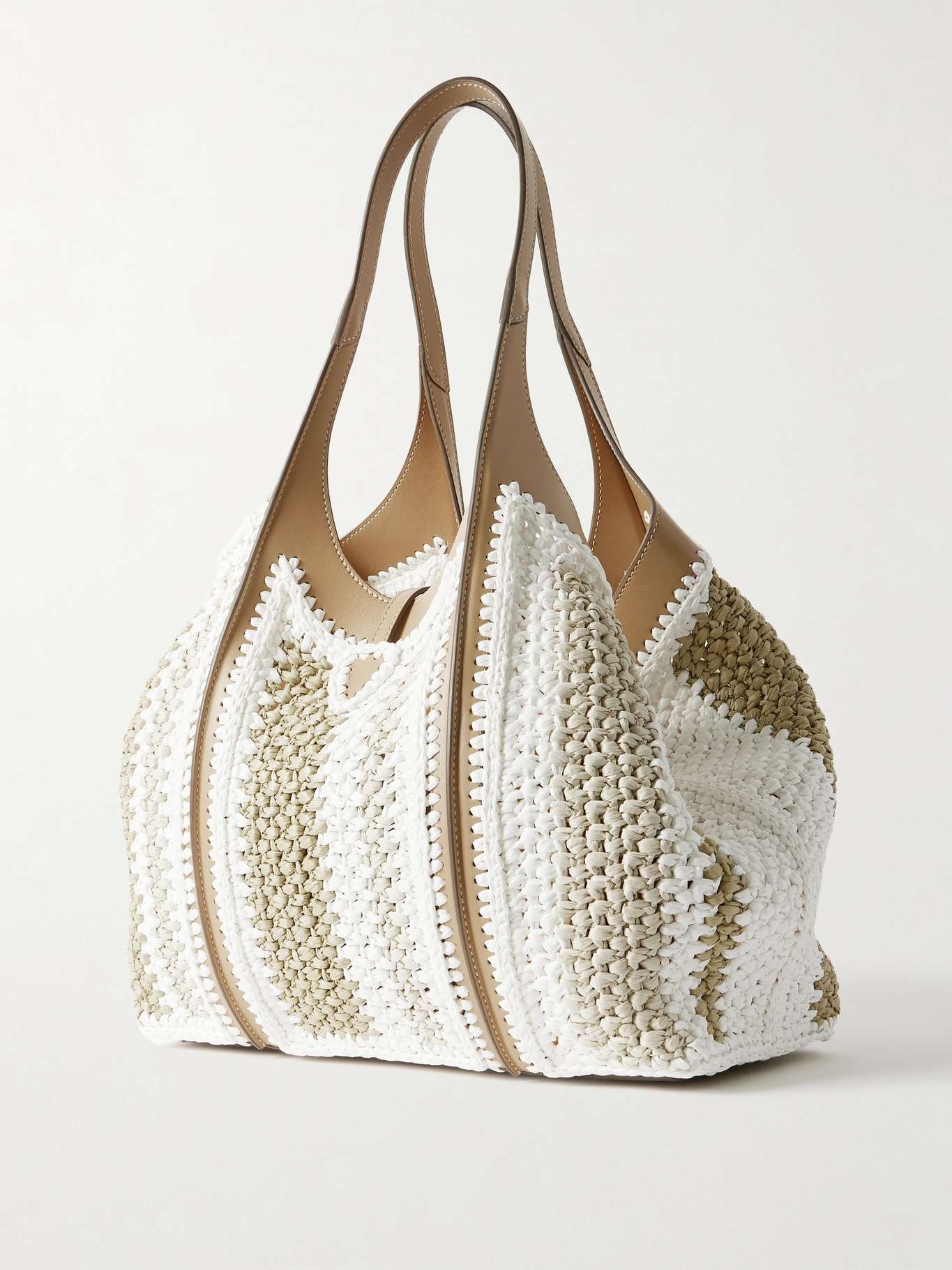 TSB leather-trimmed crocheted raffia shoulder bag Taupe - 3