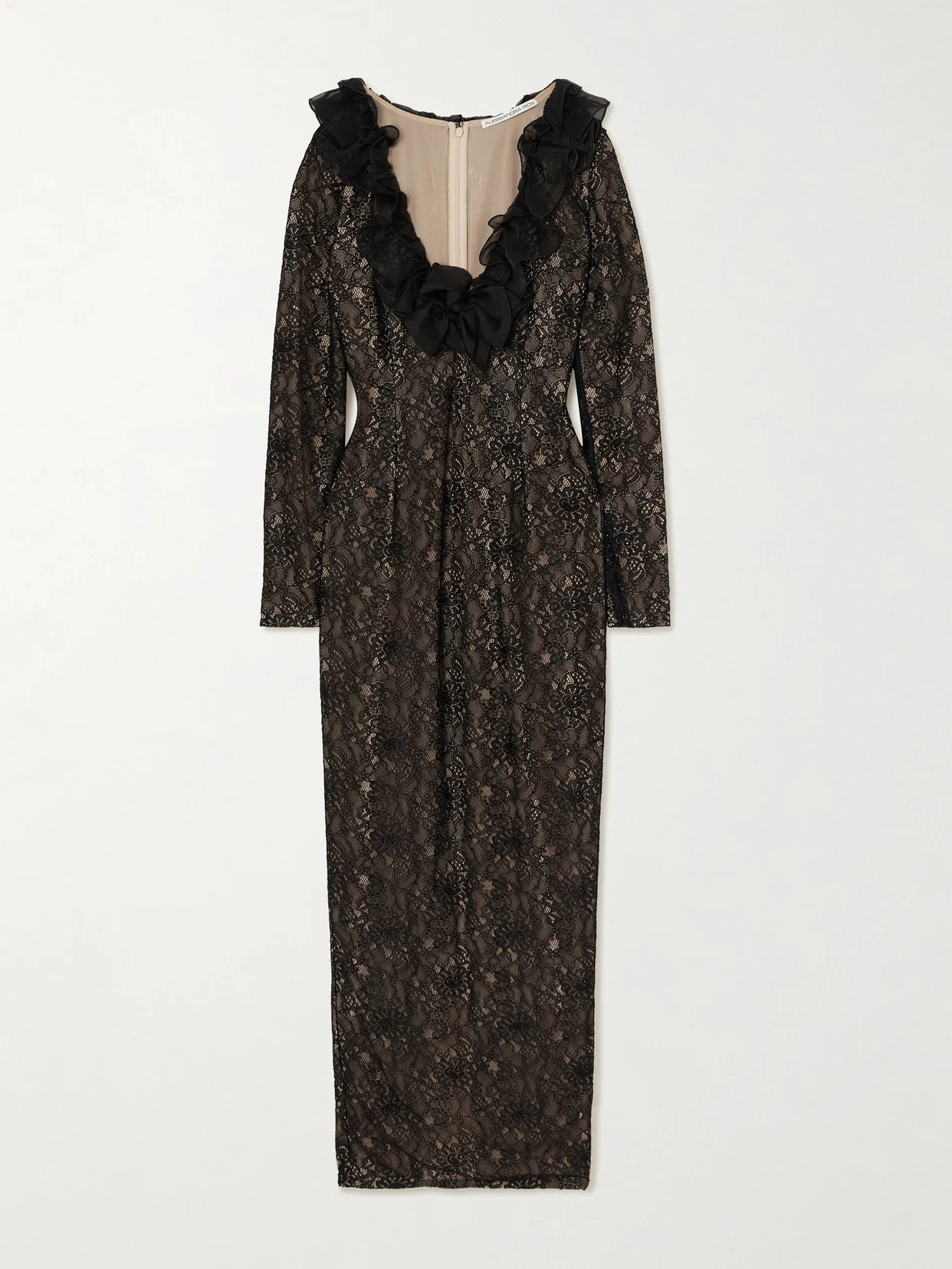 Bow-embellished Ruffled Silk Organza-trimmed Lace Midi Dress - 1