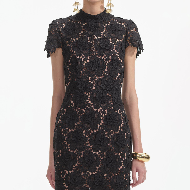 self-portrait Black Flower Lace Midi Dress - RS25-904M-B | REVERSIBLE