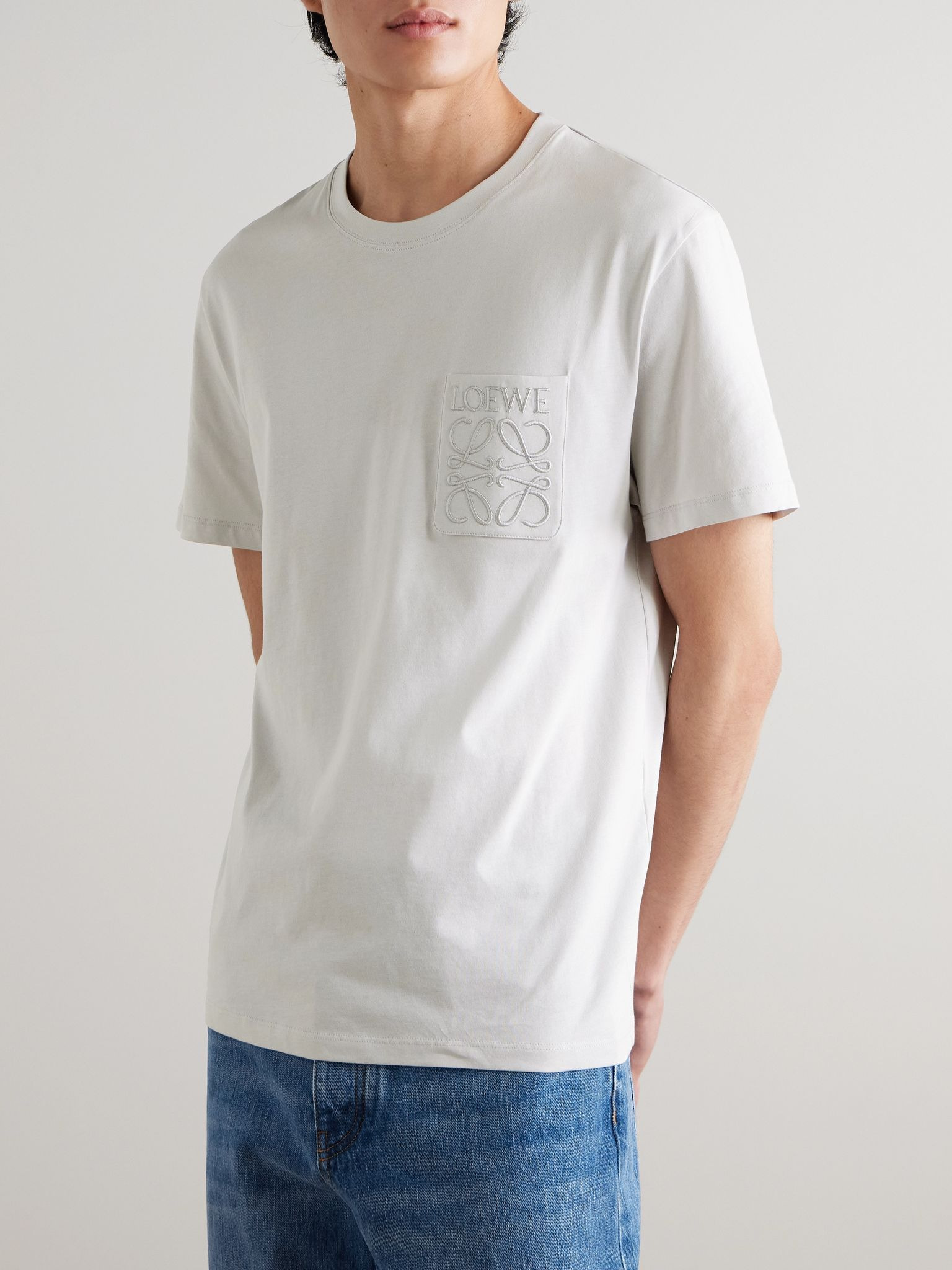 Logo-Embroidered Cotton-Jersey T-Shirt Light gray - 3