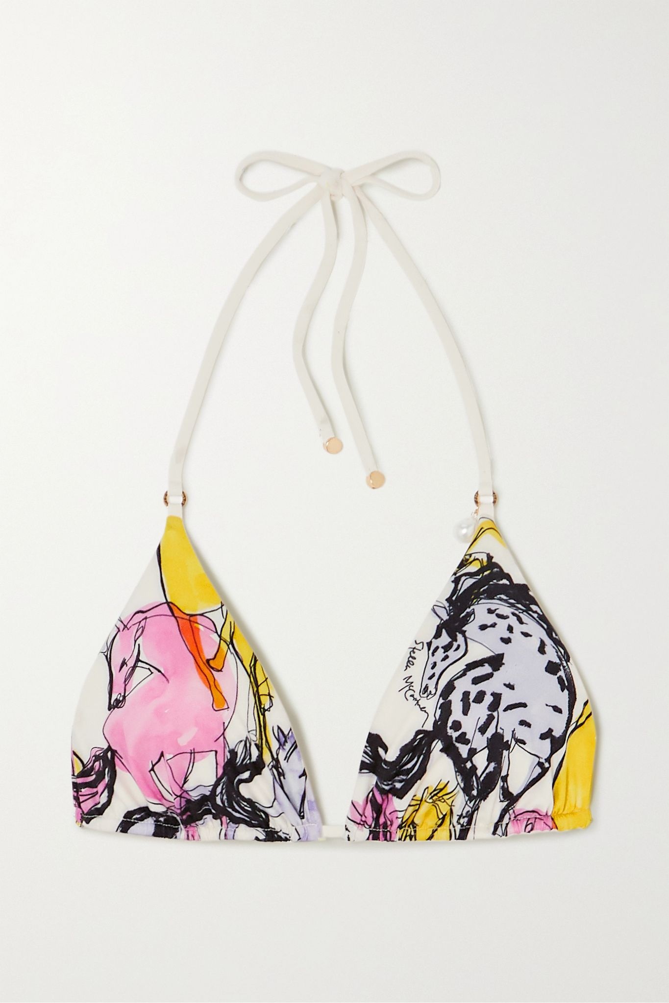 Faux pearl-embellished printed triangle bikini top - 1