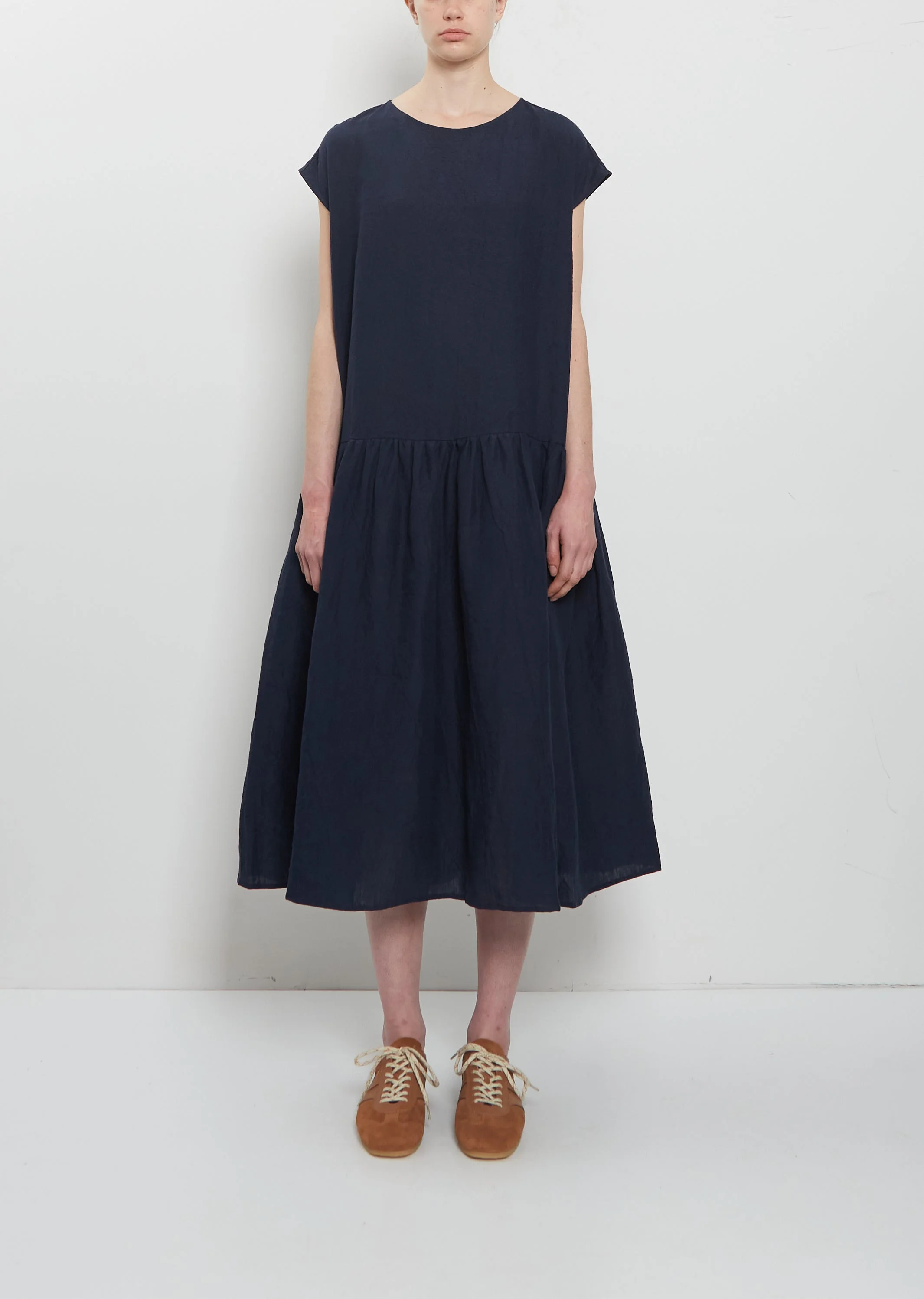 Linen Gathered Waist Dress - 1
