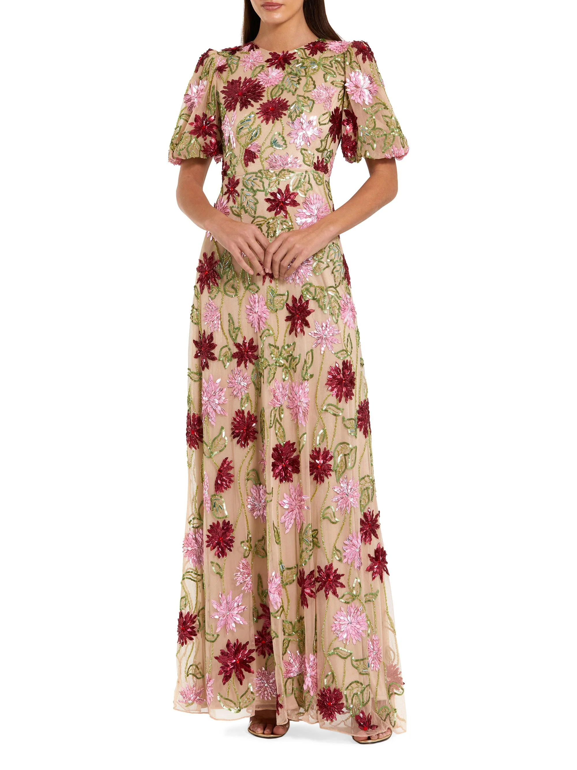Women's Evening Floral Beaded Gown - Beige Multi - 1