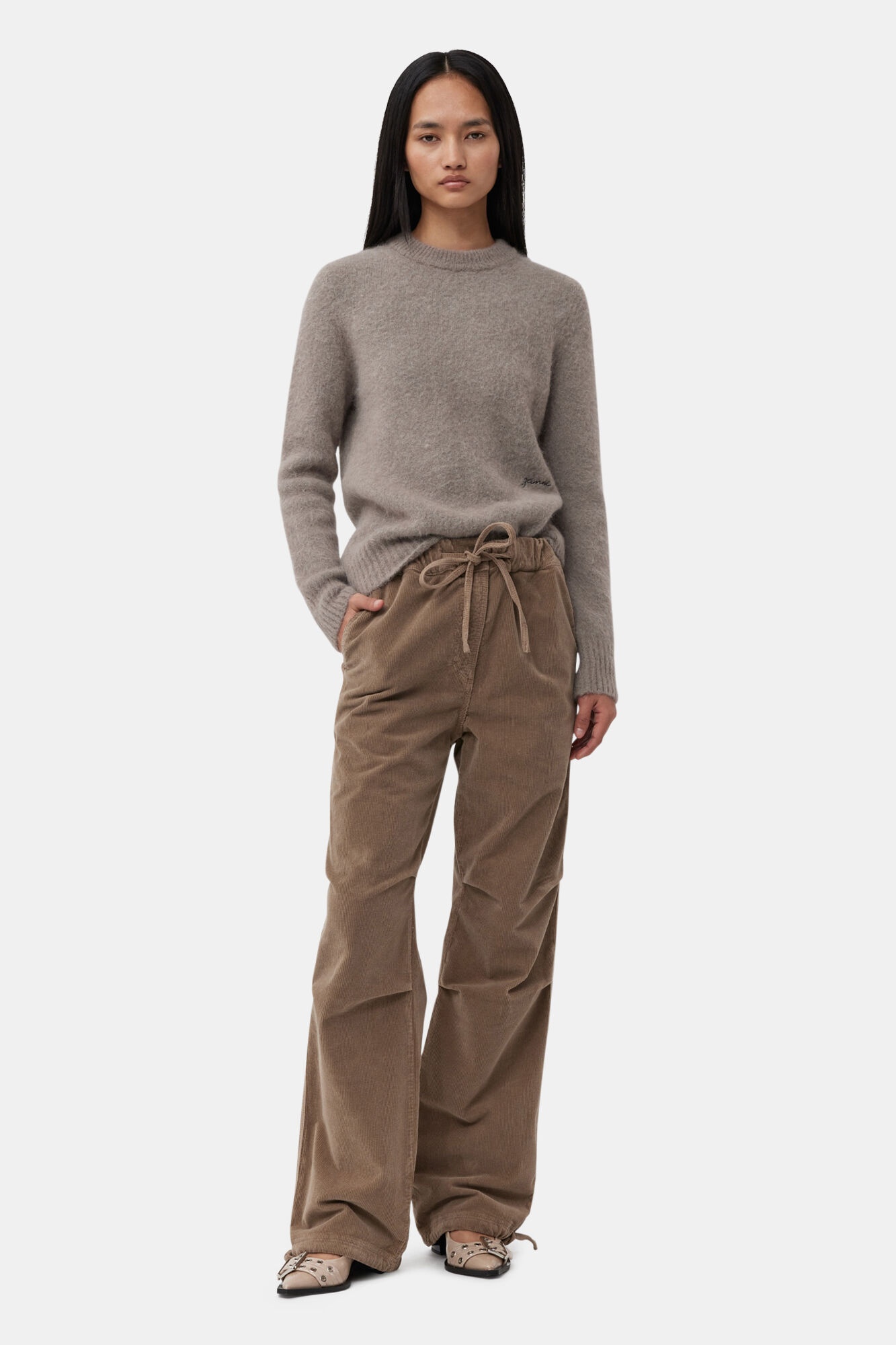 BROWN WASHED CORDUROY DRAWSTRING PANTS - 2