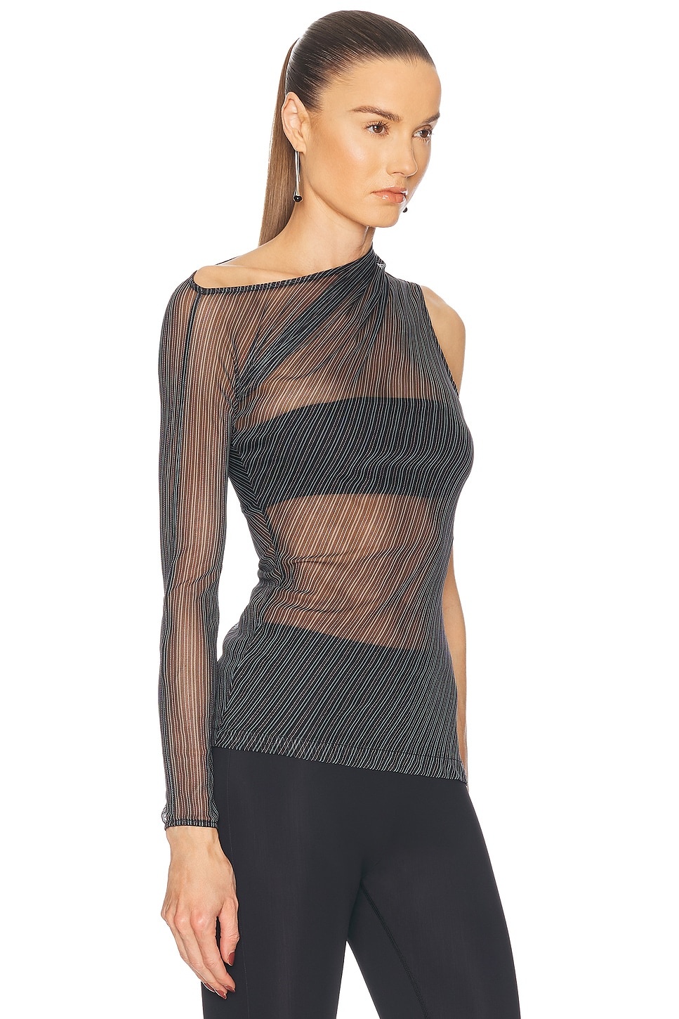 One Shoulder Striped Mesh Top - 2