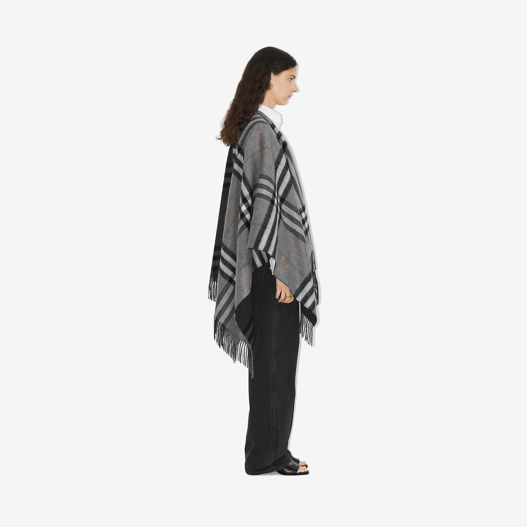 Contrast Check Wool Cashmere Jacquard Cape - 3