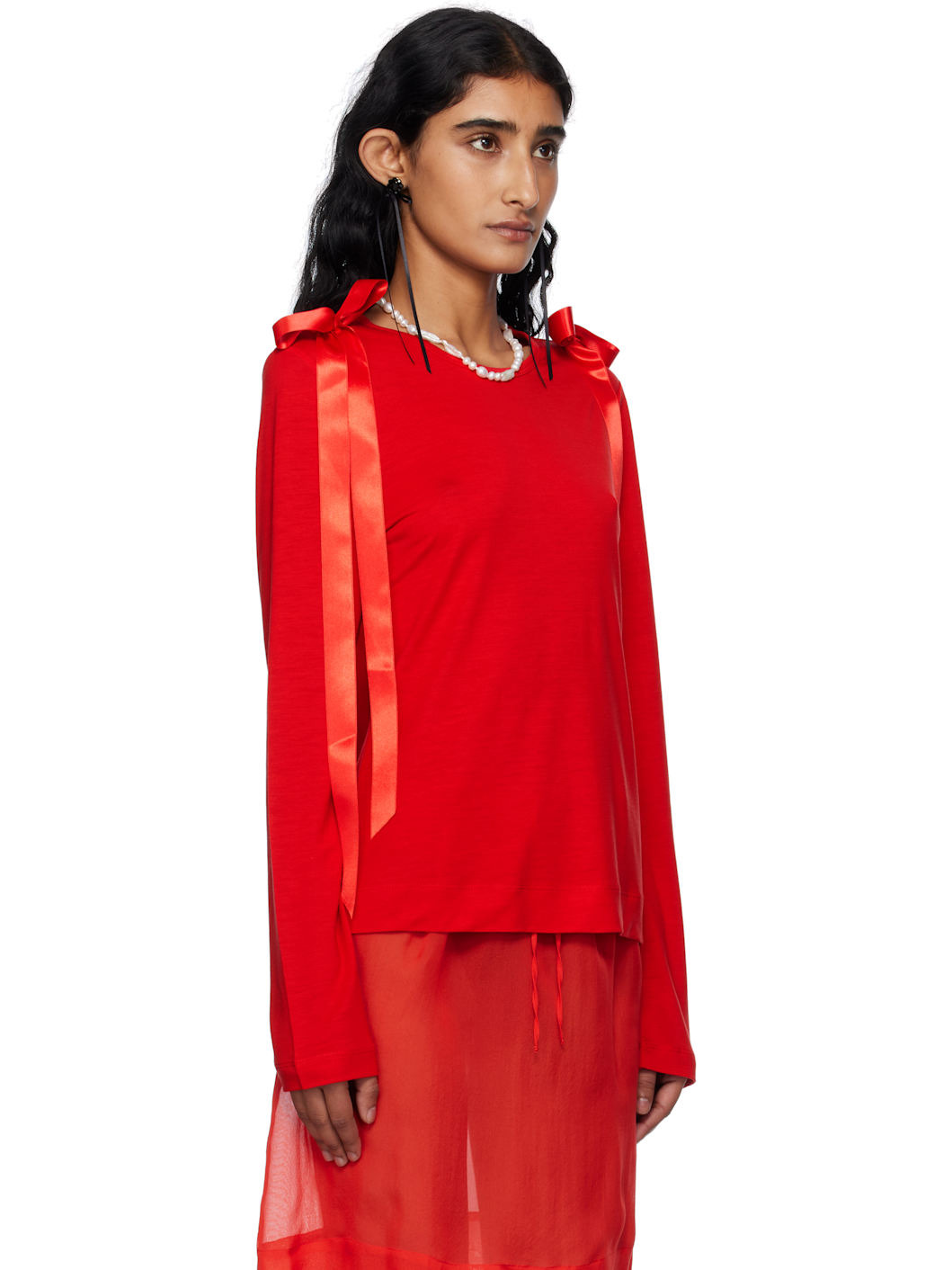 Red Bow Ribbon Tail Long Sleeve T-shirt - 2