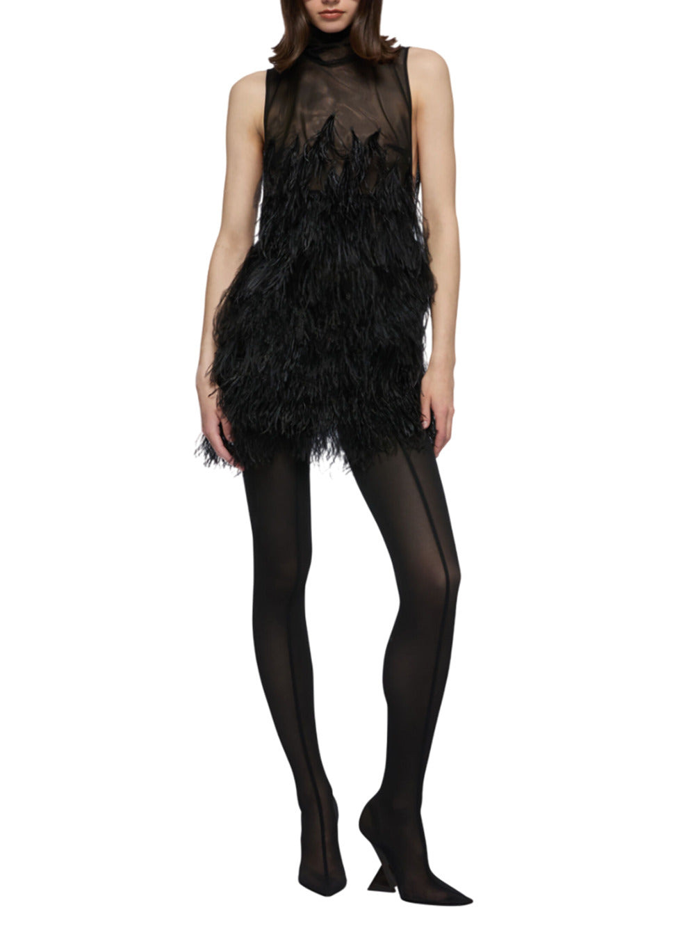 Black Feather-Embroidered Tulle Mini Dress - 2