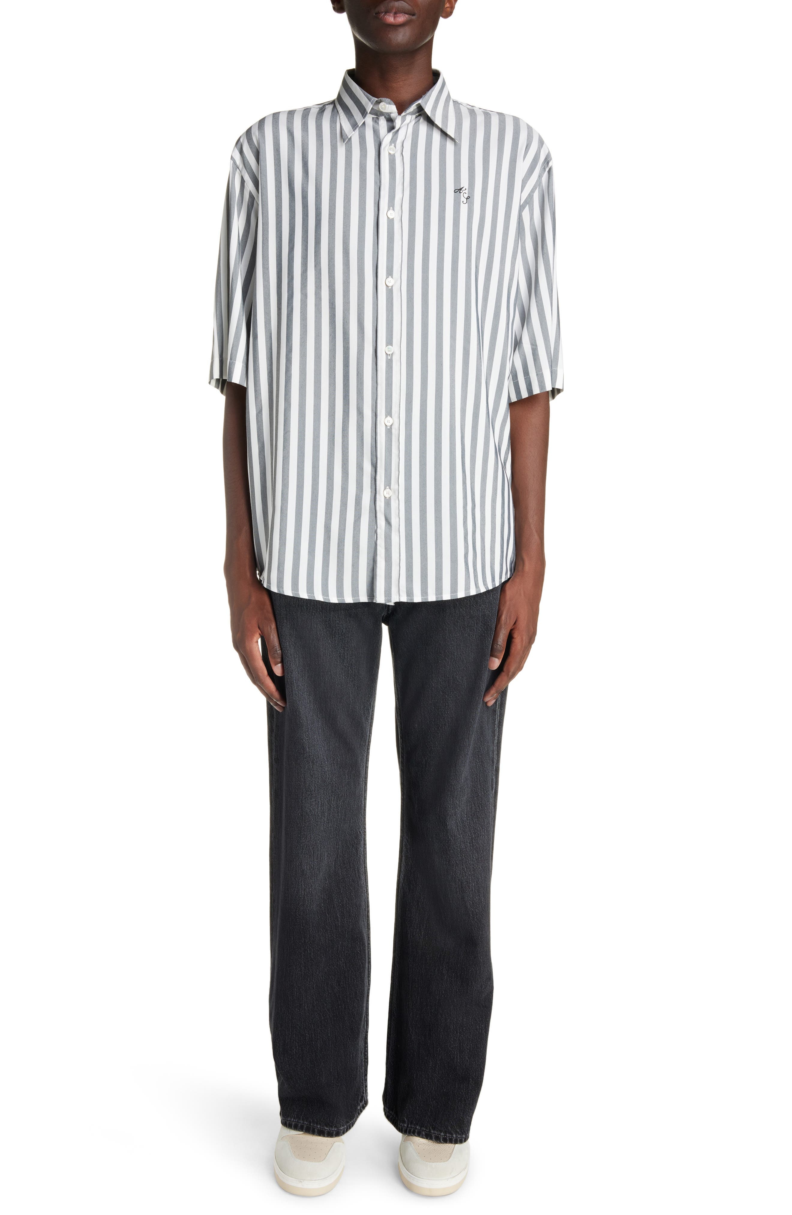 Acne Studios Embroidered Logo Stripe Button-Up Shirt in Black/White at Nordstrom - 2