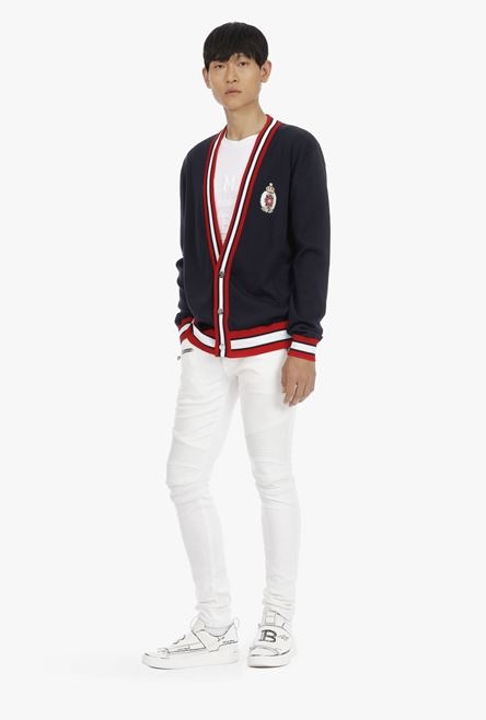 Black, red and white cotton cardigan with embroidered Balmain badge - 2