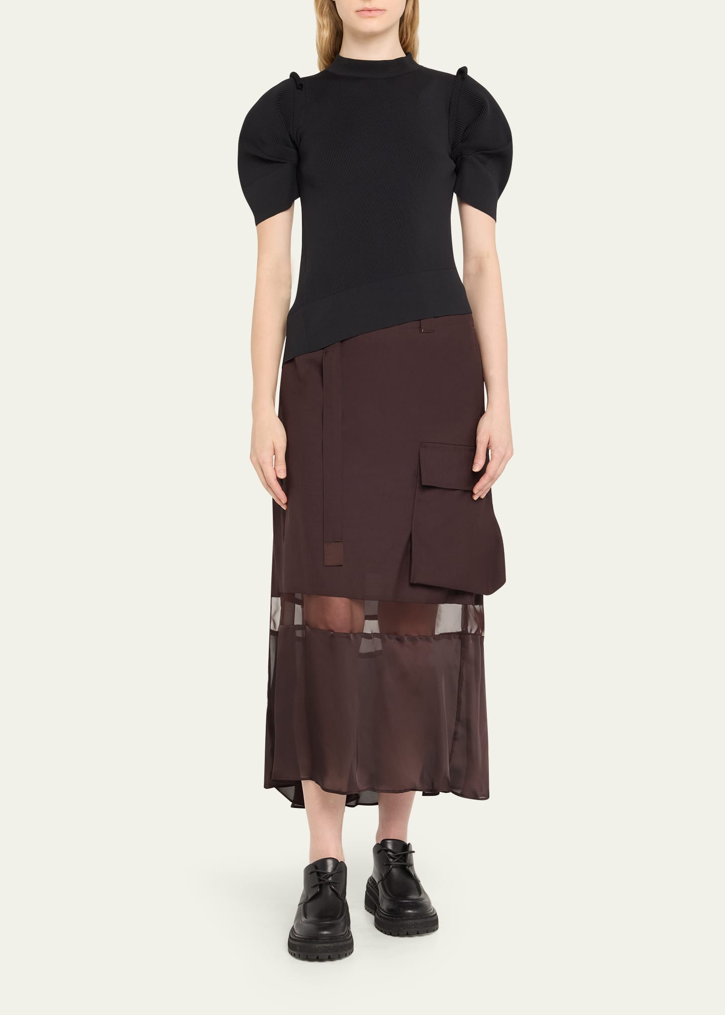 Belted Sheer-Insert Midi Skirt - 2