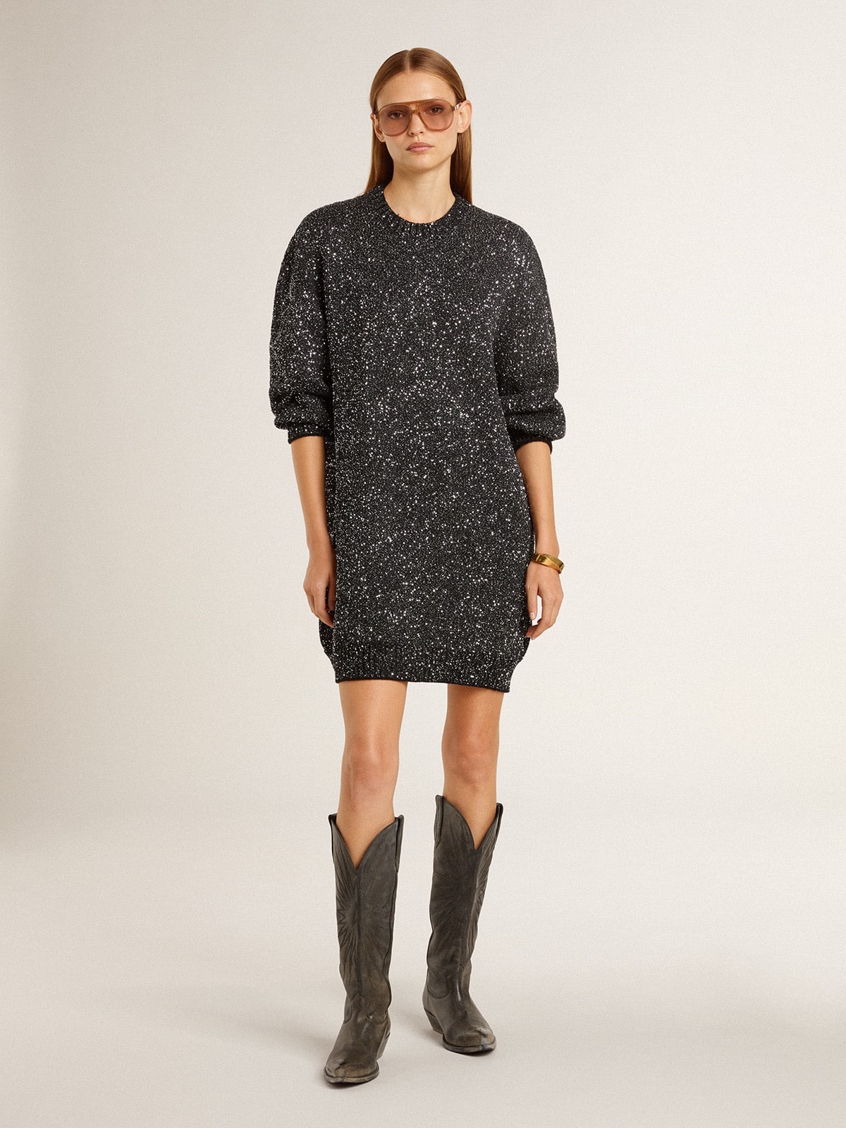 Women's black crew neck dress with all-over silver sequins - 3