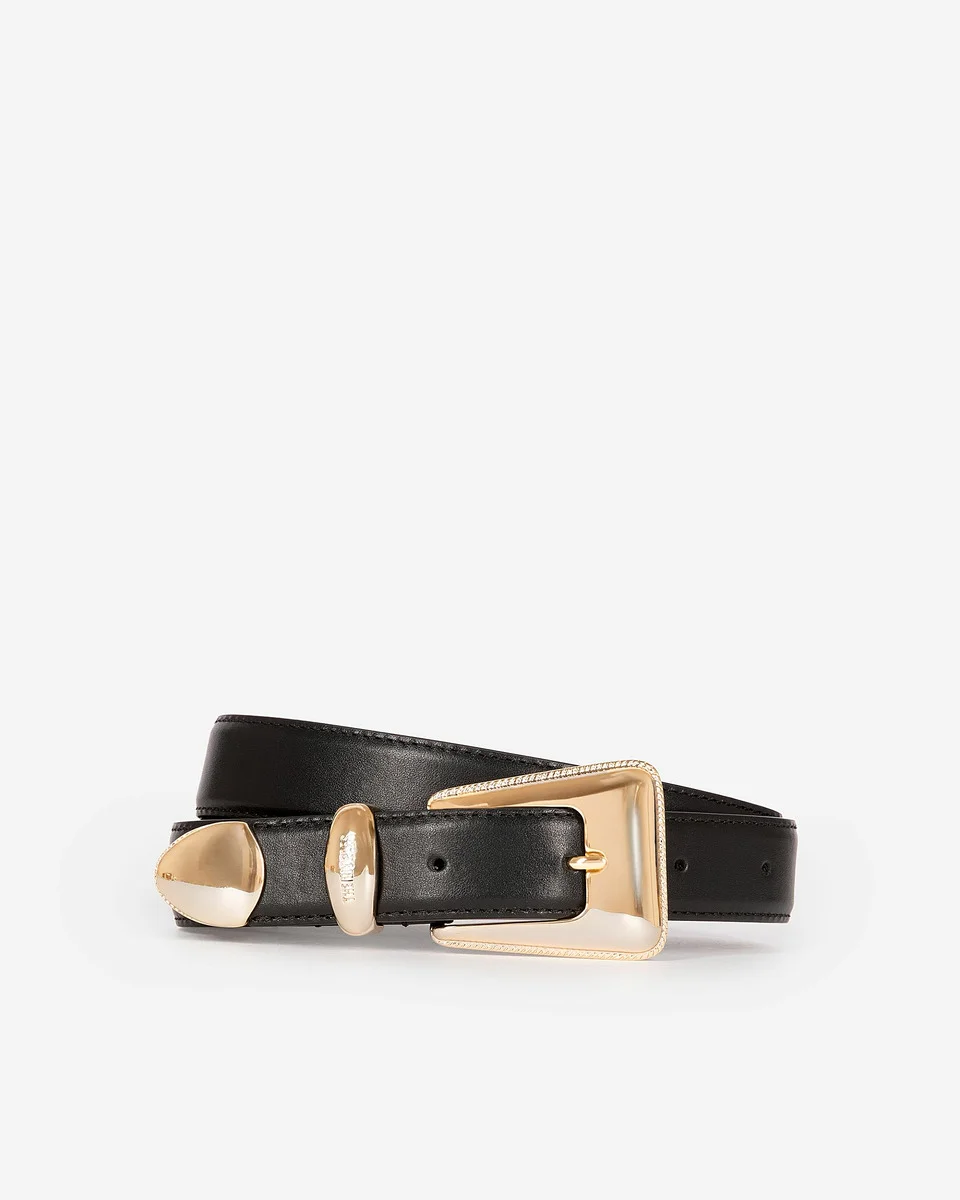 BLACK LEATHER GOLD WESTERN BUCKLE BELT - 1