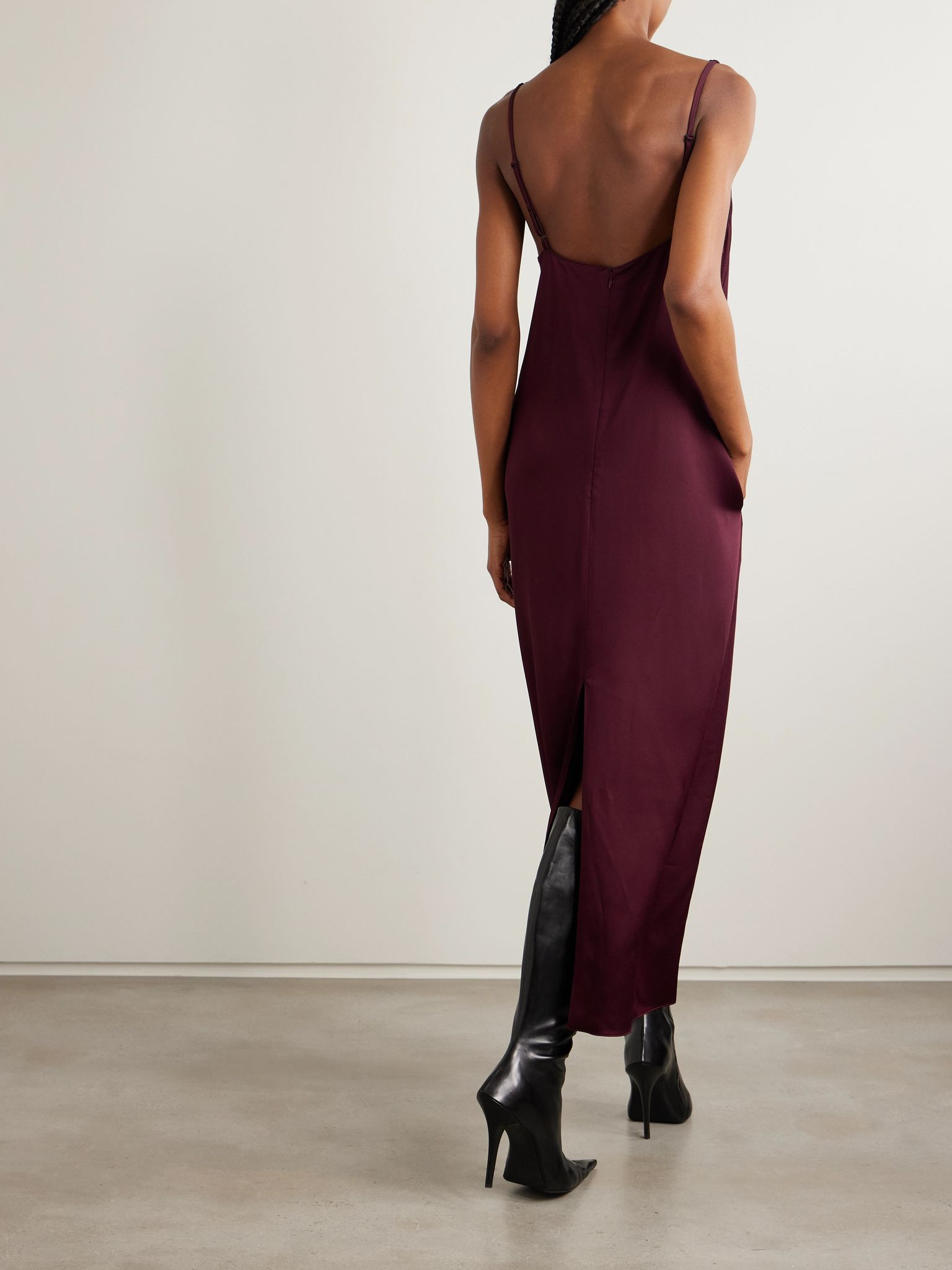 Lace-trimmed satin midi dress Burgundy - 3