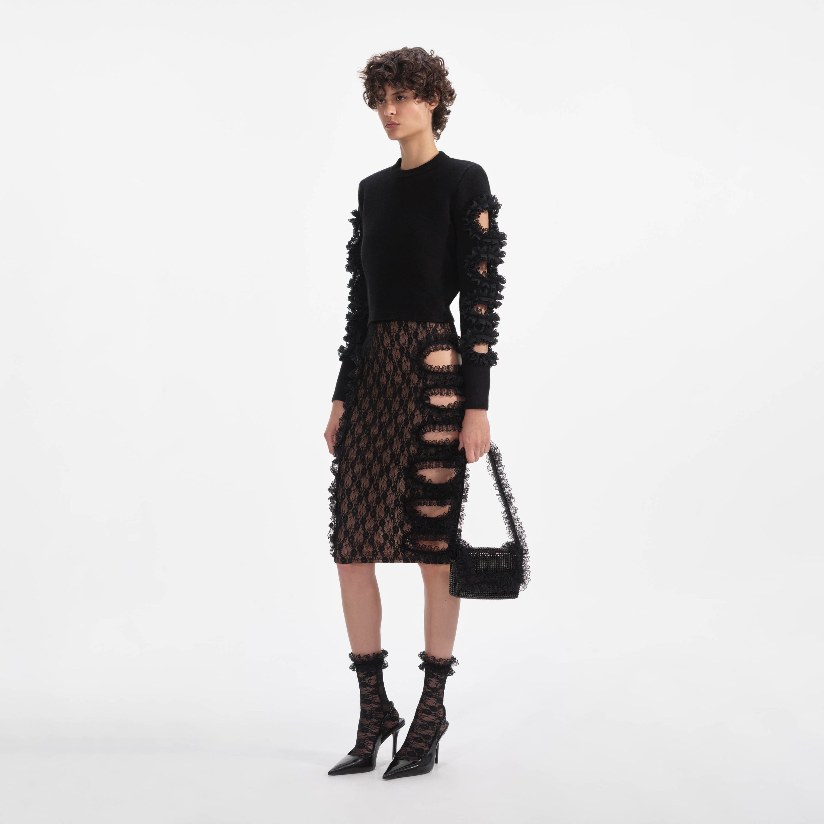 Black Lace Cut Out Midi Skirt - 2