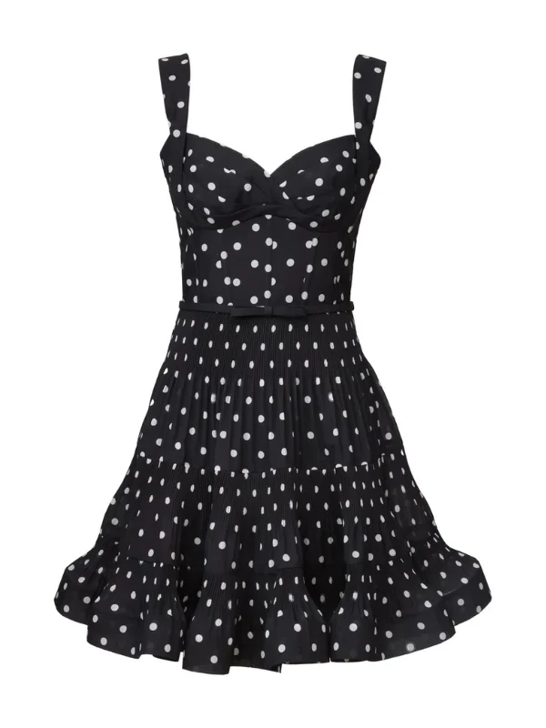 Pleated Draped Mini Dress in Black Dot - 1