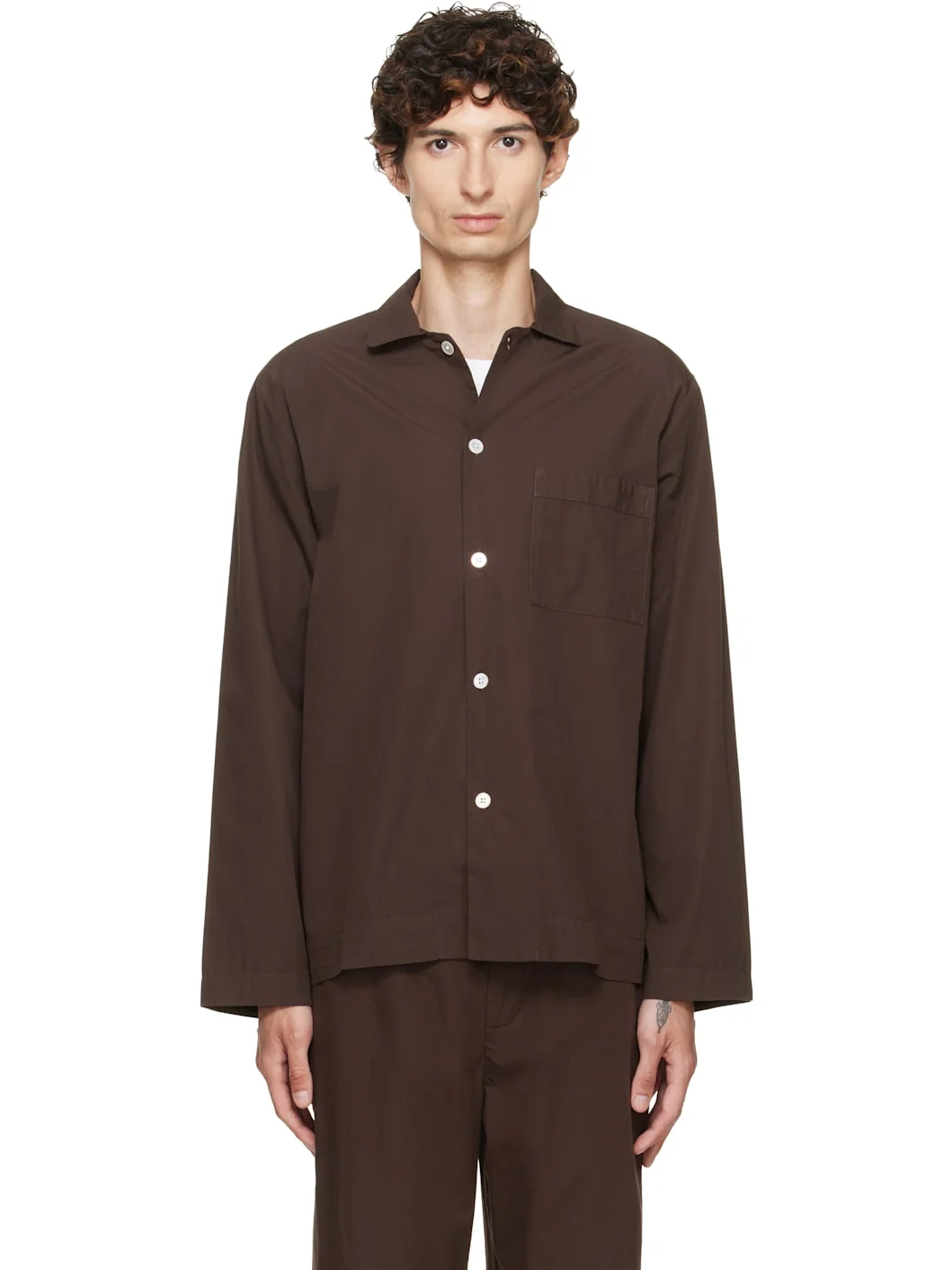 Brown Poplin Long-Sleeved Pyjama Shirt - 1