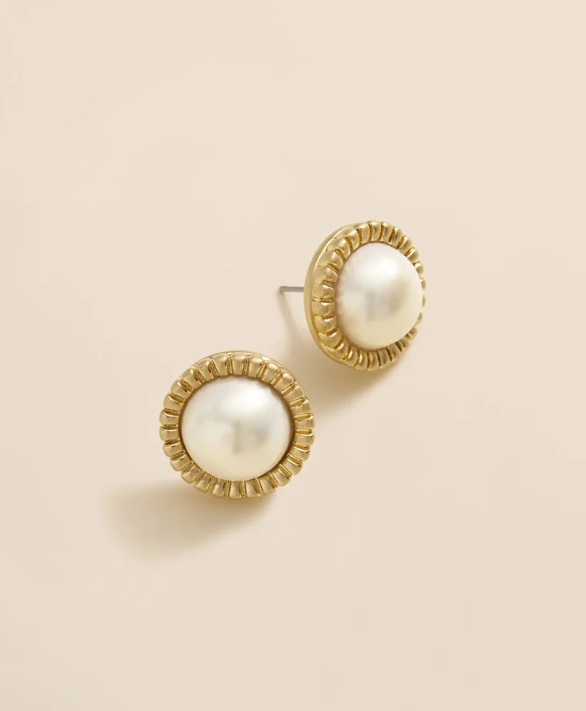 Bezel Frame Faux-Pearl Stud Earrings - 1
