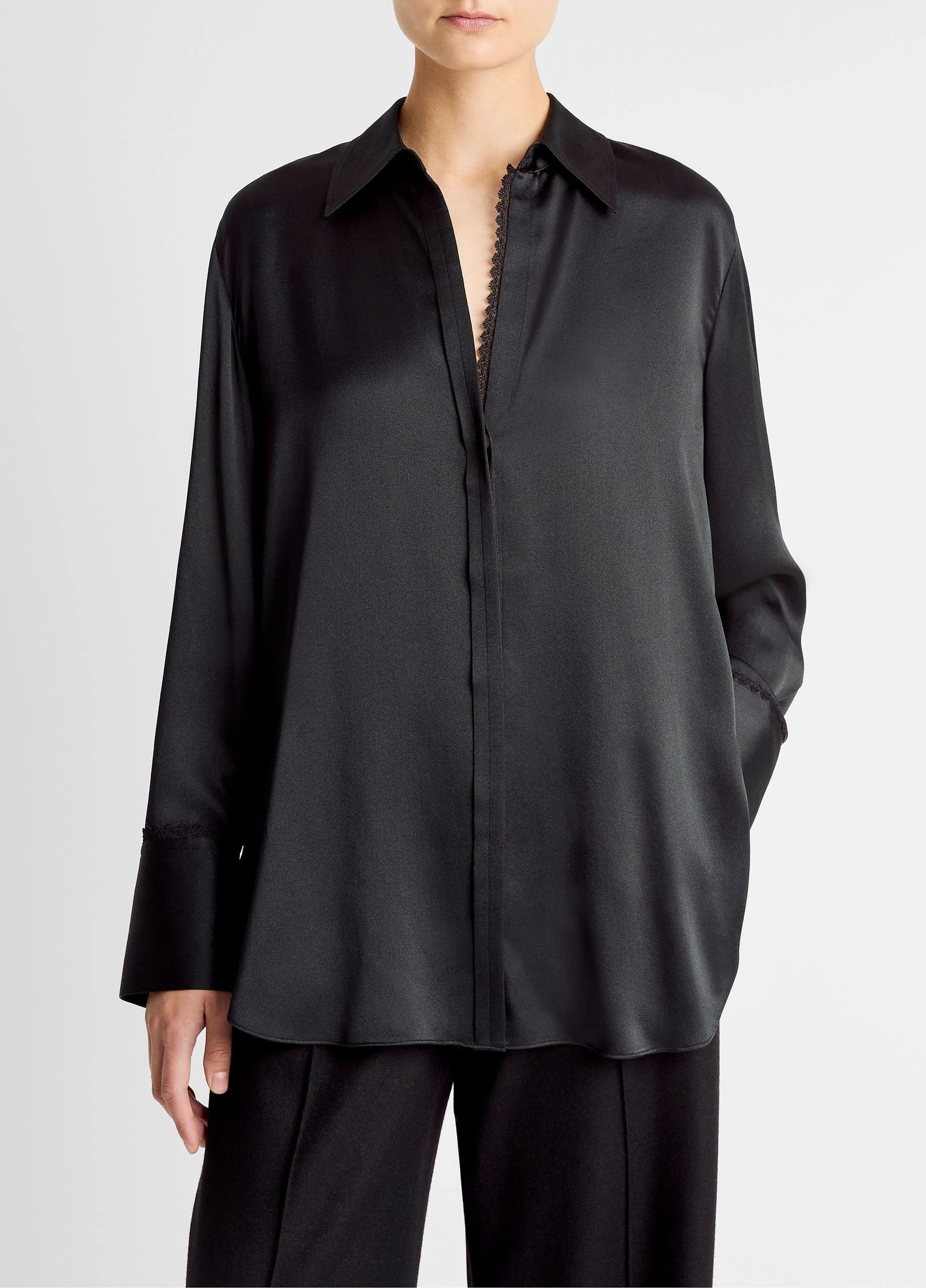 Lace-Trim Silk Relaxed Shirt - 1