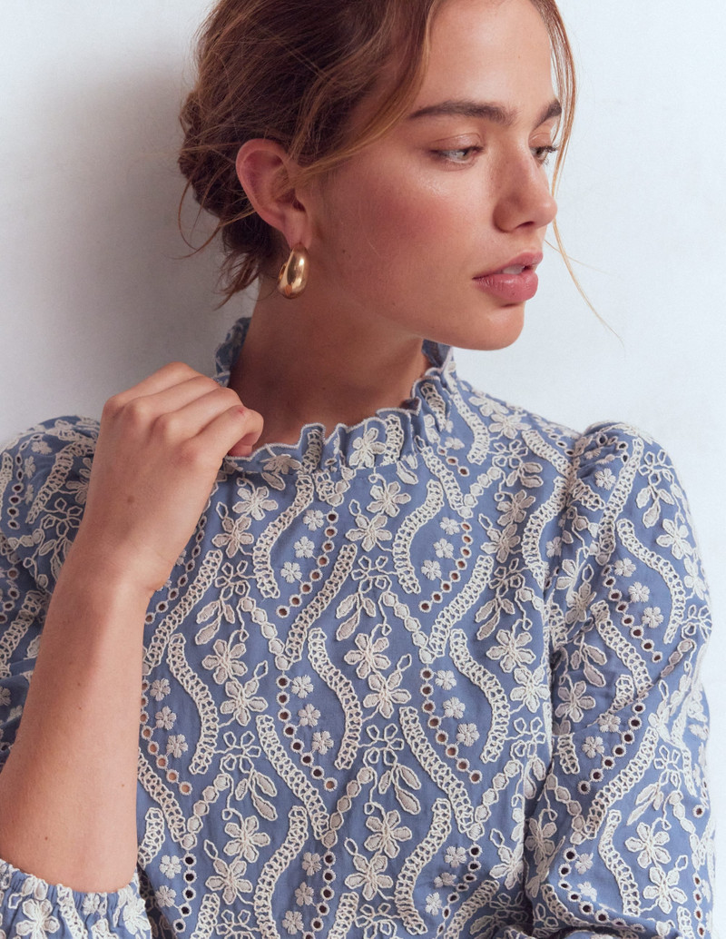 Puff Sleeve Interest Top-Blue and Ivory Broderie 3