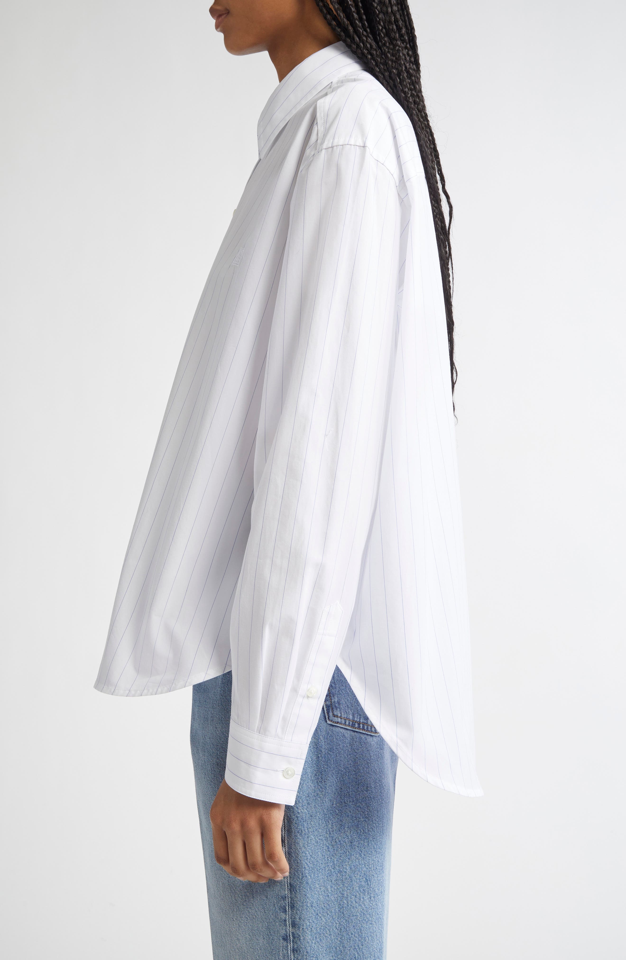 TOTEME Monogram Stripe Organic Cotton Poplin Button-Up Shirt in White/Cobalt Pinstripe at Nordstrom - 4