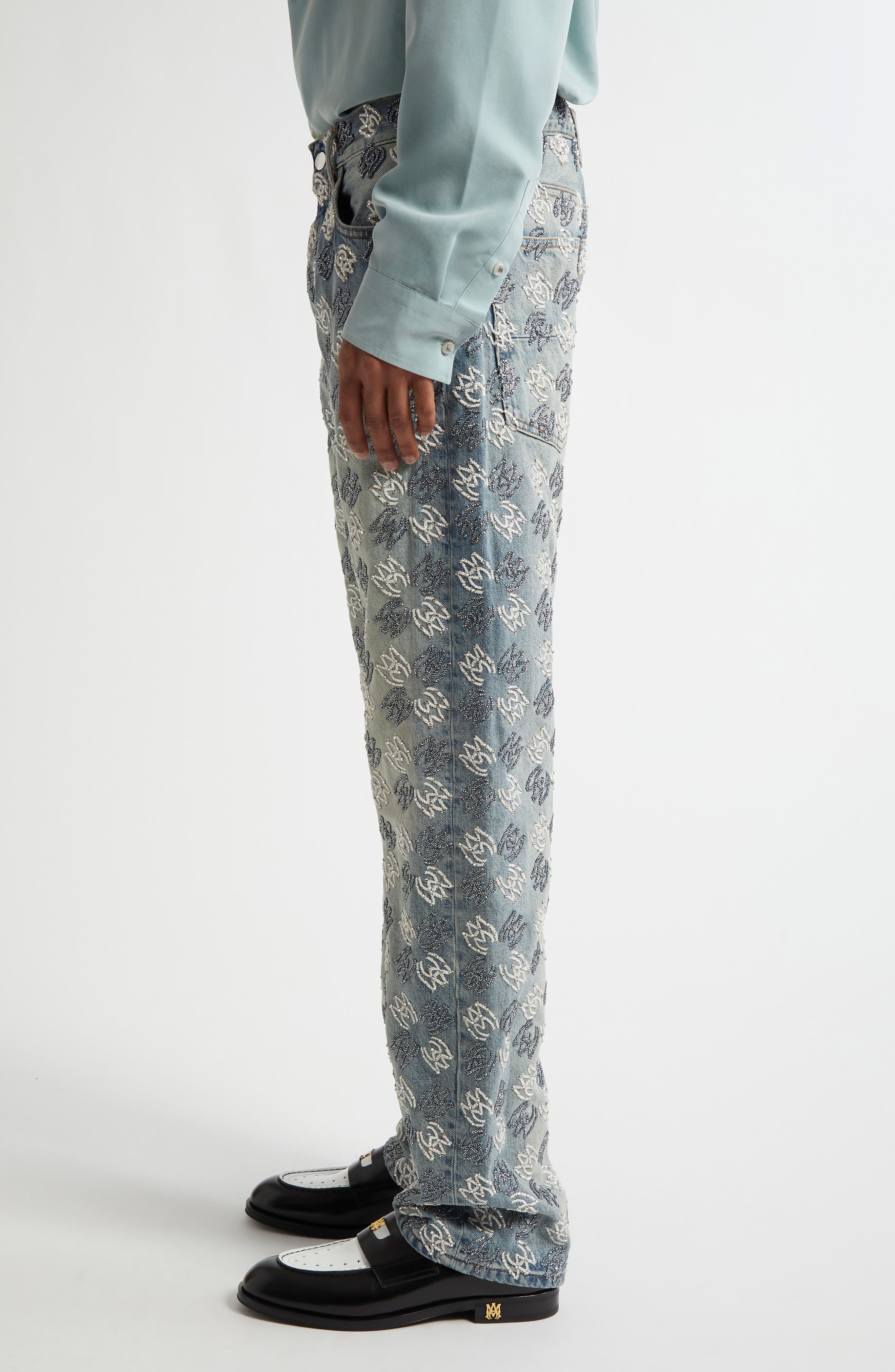 AMIRI Embellished Quad Logo Straight Leg Jeans in Antique Indigo at Nordstrom - 3