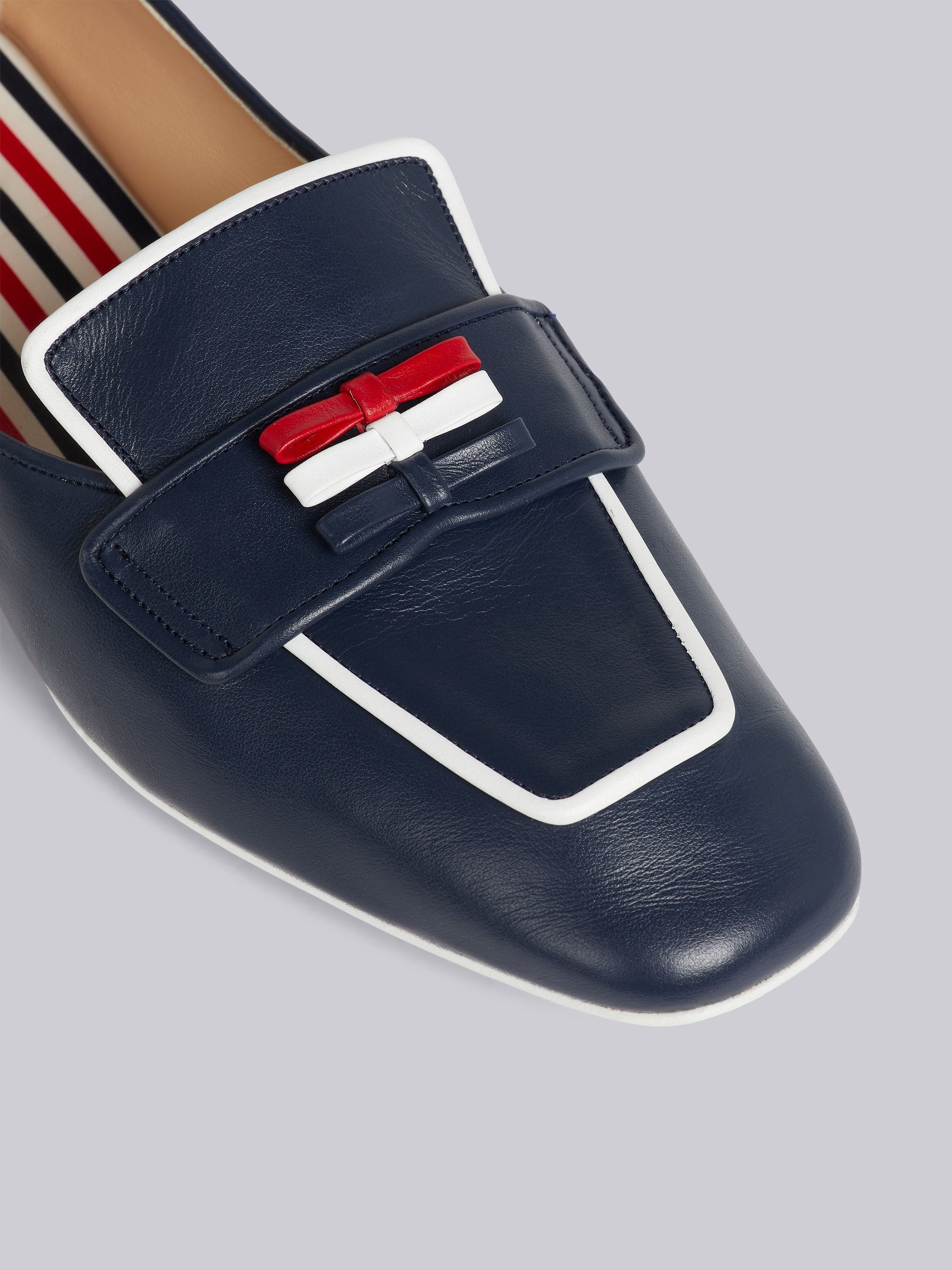 Navy Calf Leather Flexible Leather Sole 3-Bow Loafer - 2