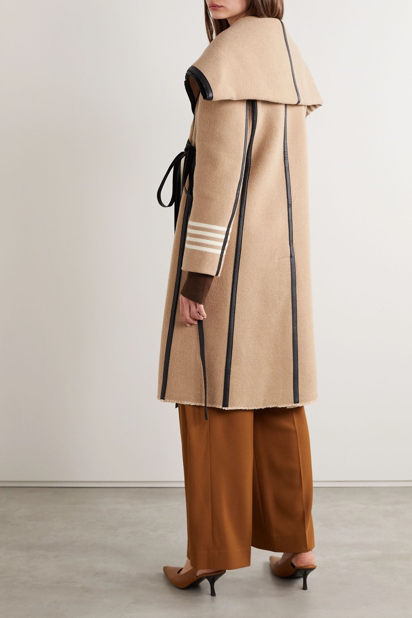 Layered cape-effect leather-trimmed striped wool coat - 4