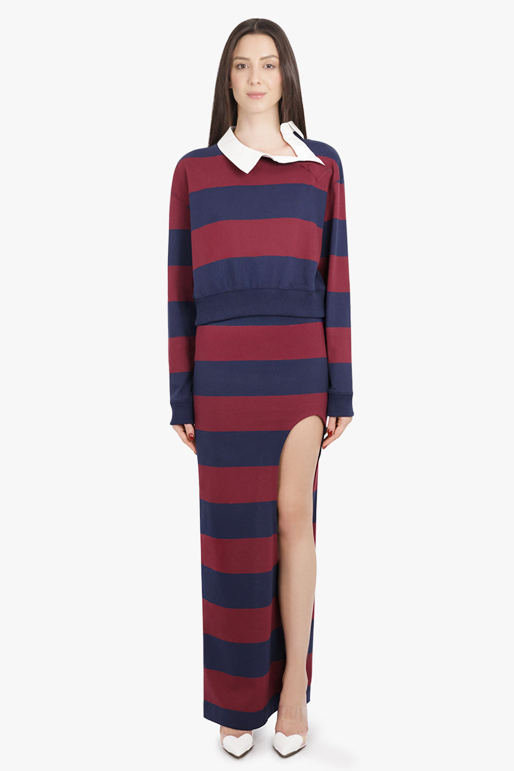 CUT OUT STRIPE PENCIL MAXI SKIRT | BURGUNDY/NAVY - 2