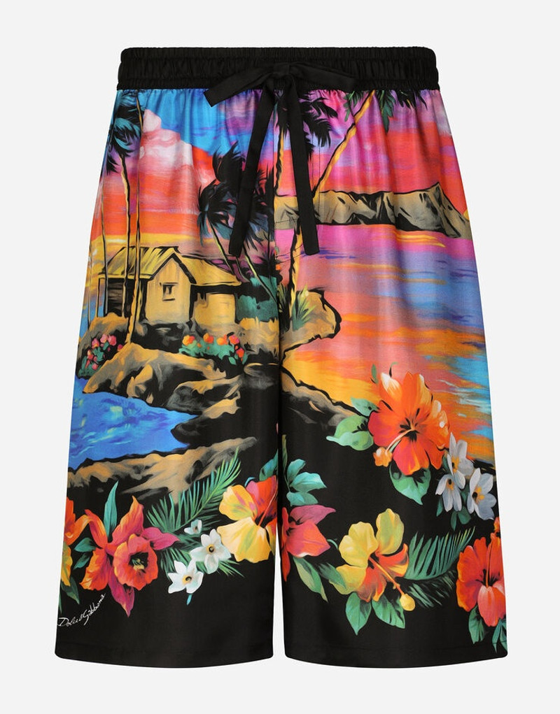 Silk twill jogging shorts with Hawaiian print - 1