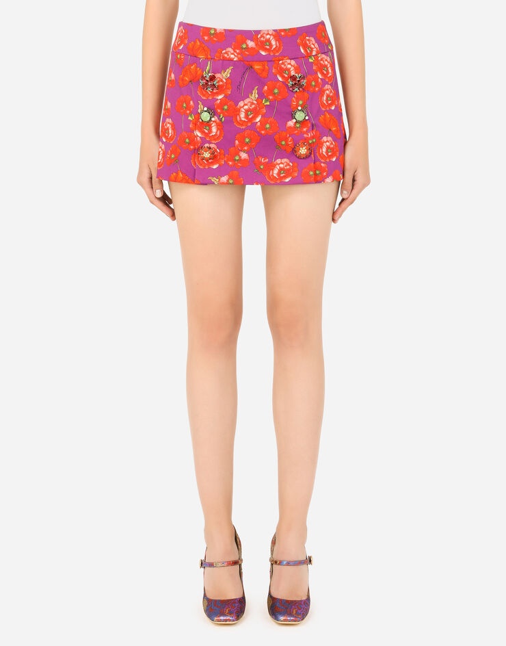 Poppy-print drill miniskirt - 1