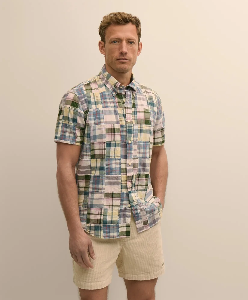 Cotton Patchwork Madras Polo Button-Down Collar, Short-Sleeve Shirt - 1