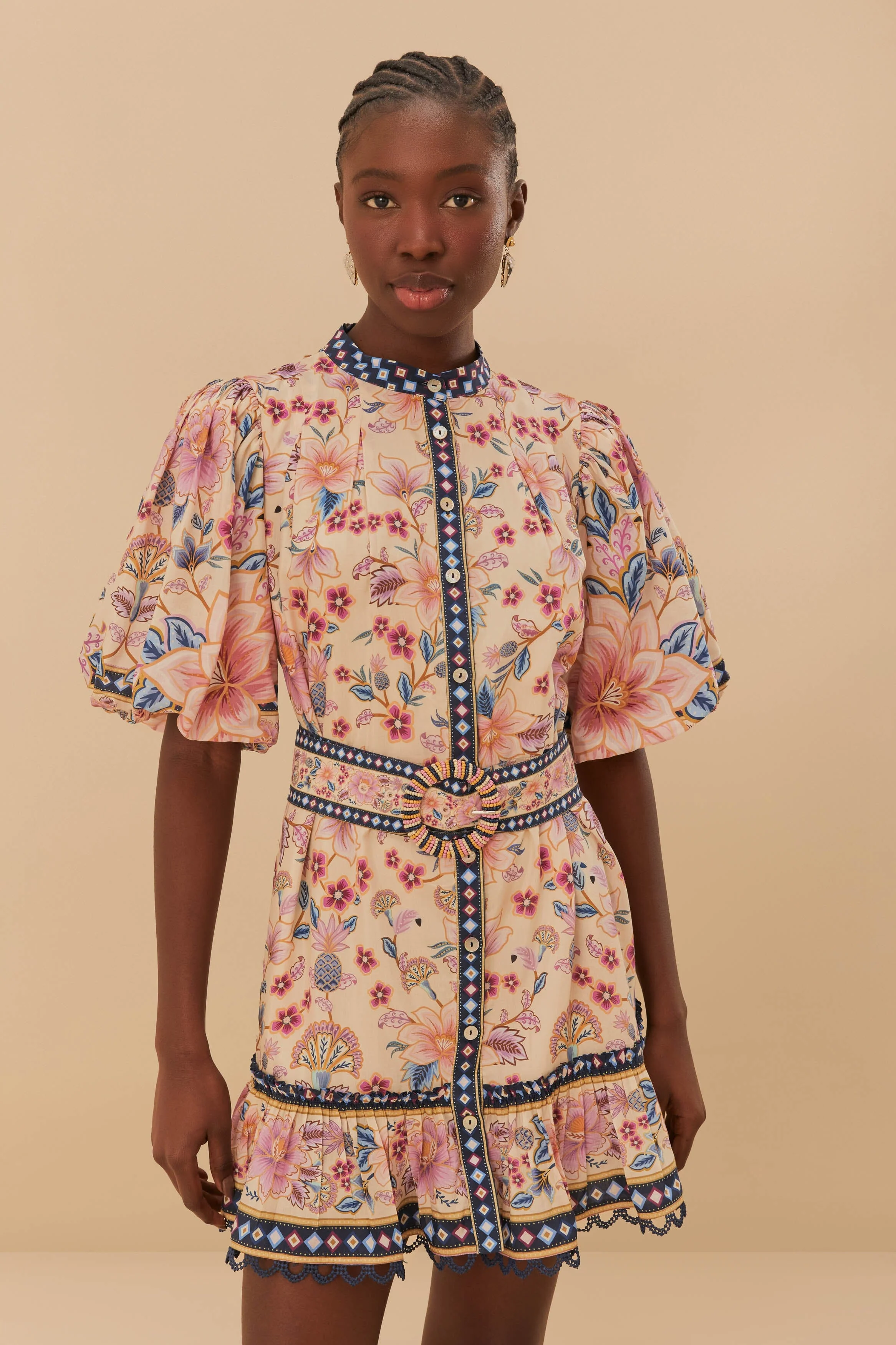 Cream Superbloom Tapestry Puff Sleeve Mini Dress - 1