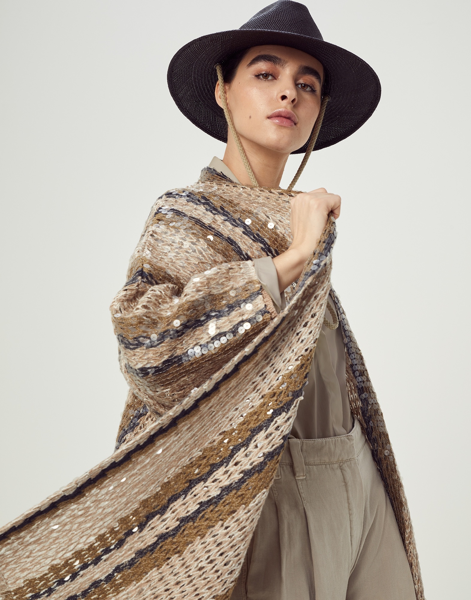 Dazzling Stripe Embroidery long cardigan in jute and cotton - 4