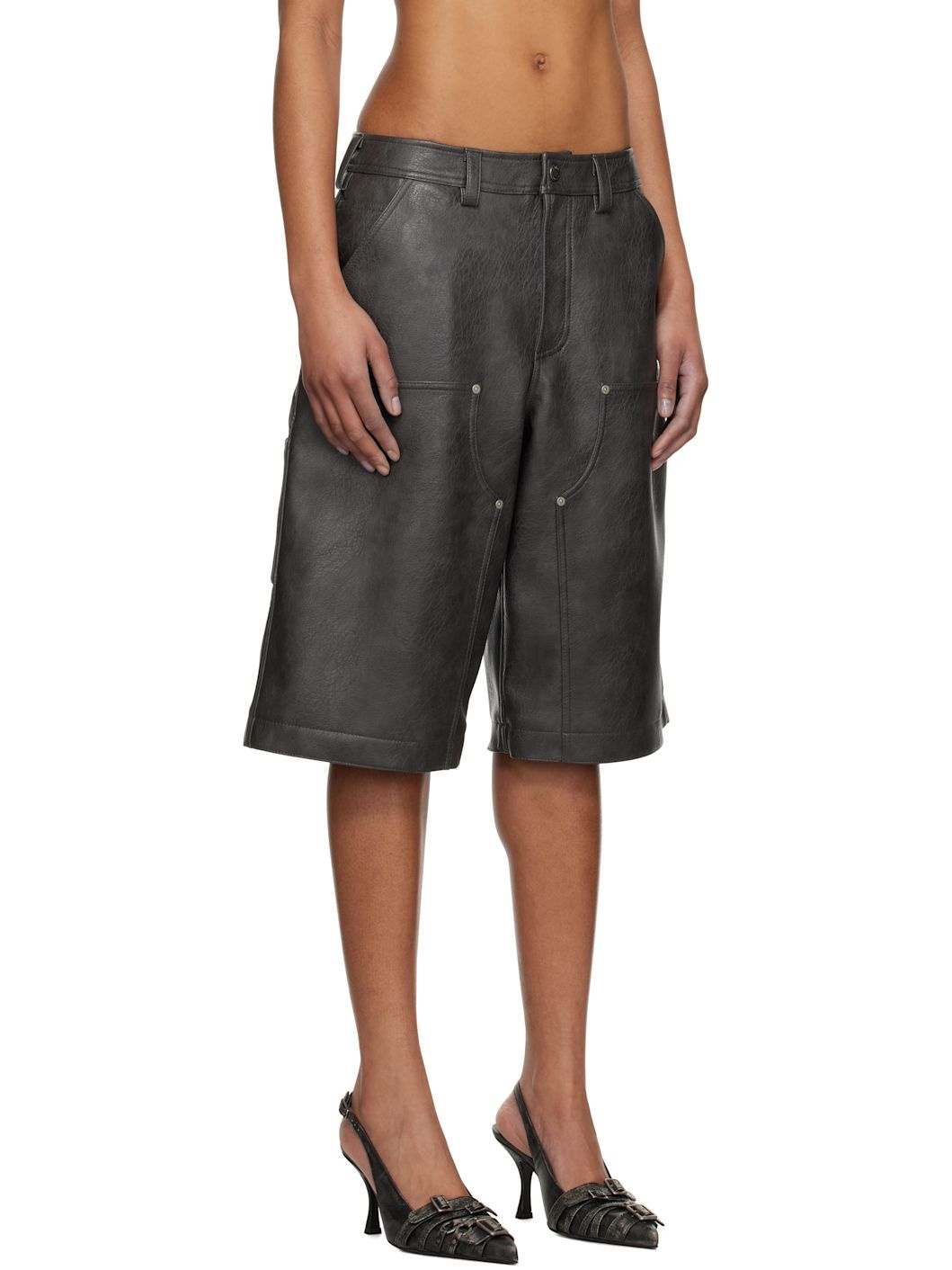 Gray Double Knee Faux-Leather Shorts - 2