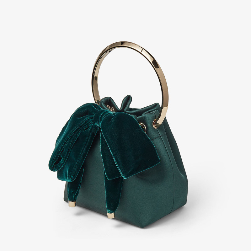 JIMMY CHOO Bon Bon
Dark Green Satin Bucket Bag with Velvet Bow outlook
