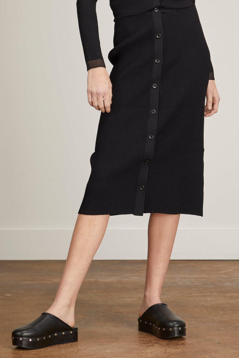 Rib Knit Button Front Skirt in Black 3