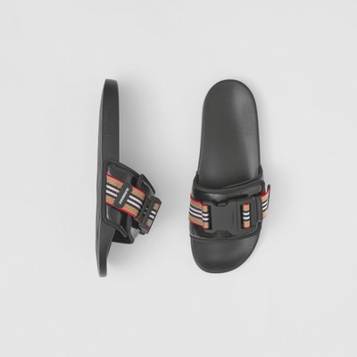 Burberry Icon Stripe Trim Coated Canvas Slides outlook