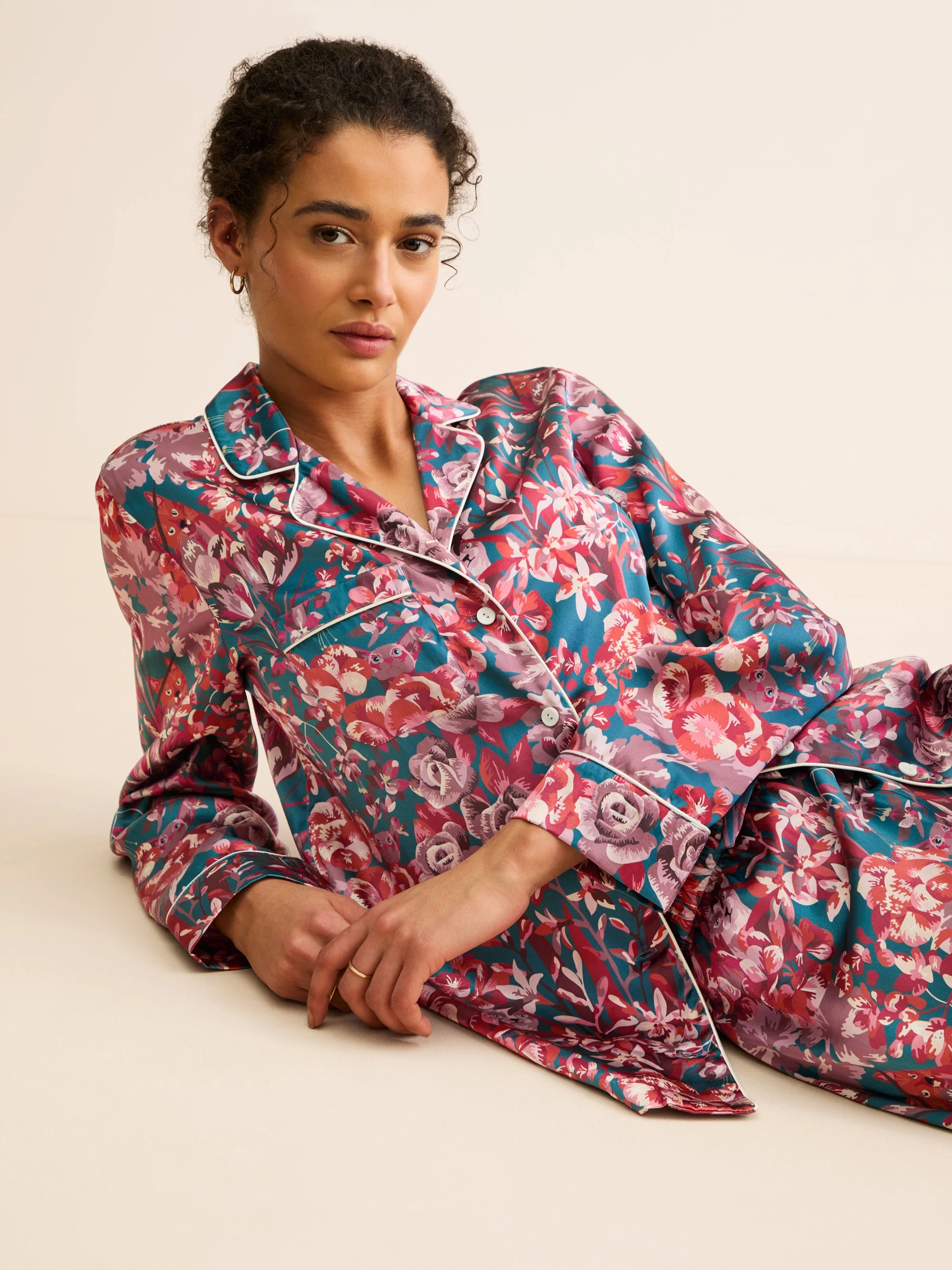 Women's Silk Pajamas London Garden Multi Teal - 1