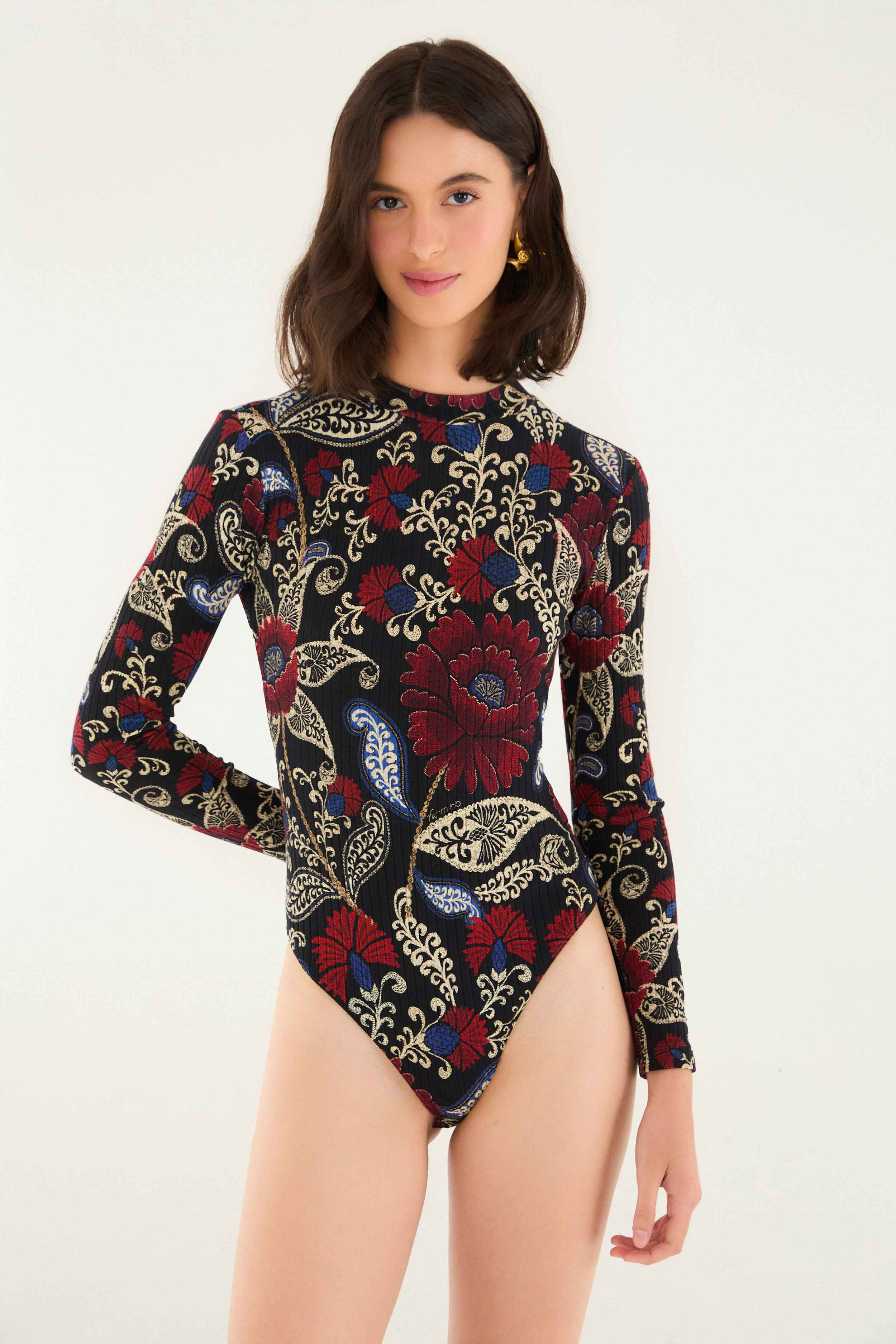 Black Valentina High Neck Long Sleeve Jersey Bodysuit - 2