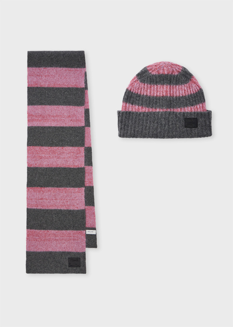 Women's Pink and Grey Lambswool-Blend Block Stripe Beanie and Scarf Set 1