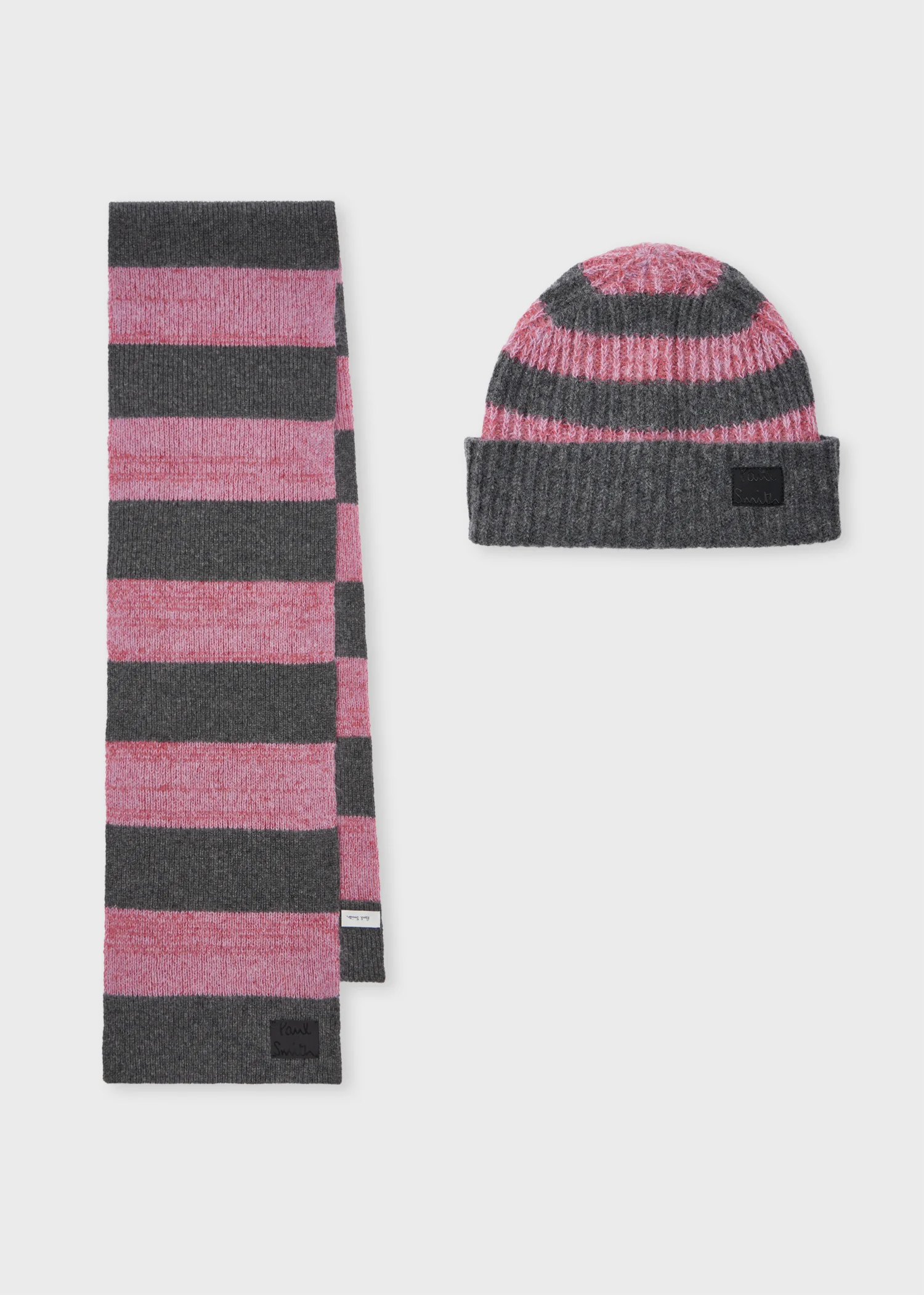Women's Pink and Grey Lambswool-Blend Block Stripe Beanie and Scarf Set - 1
