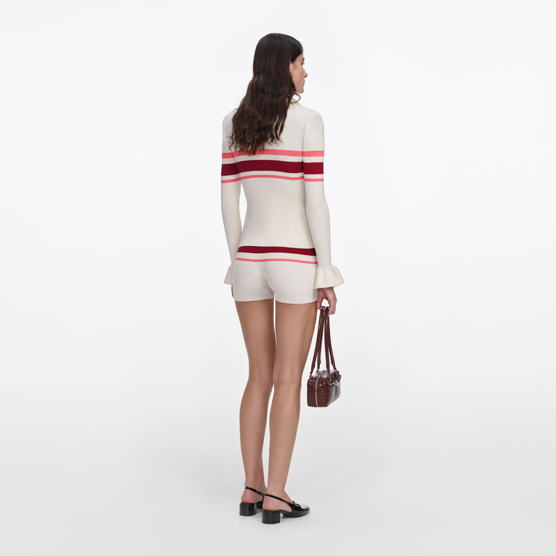 self-portrait Cream Stripe Viscose Knit Button Top outlook