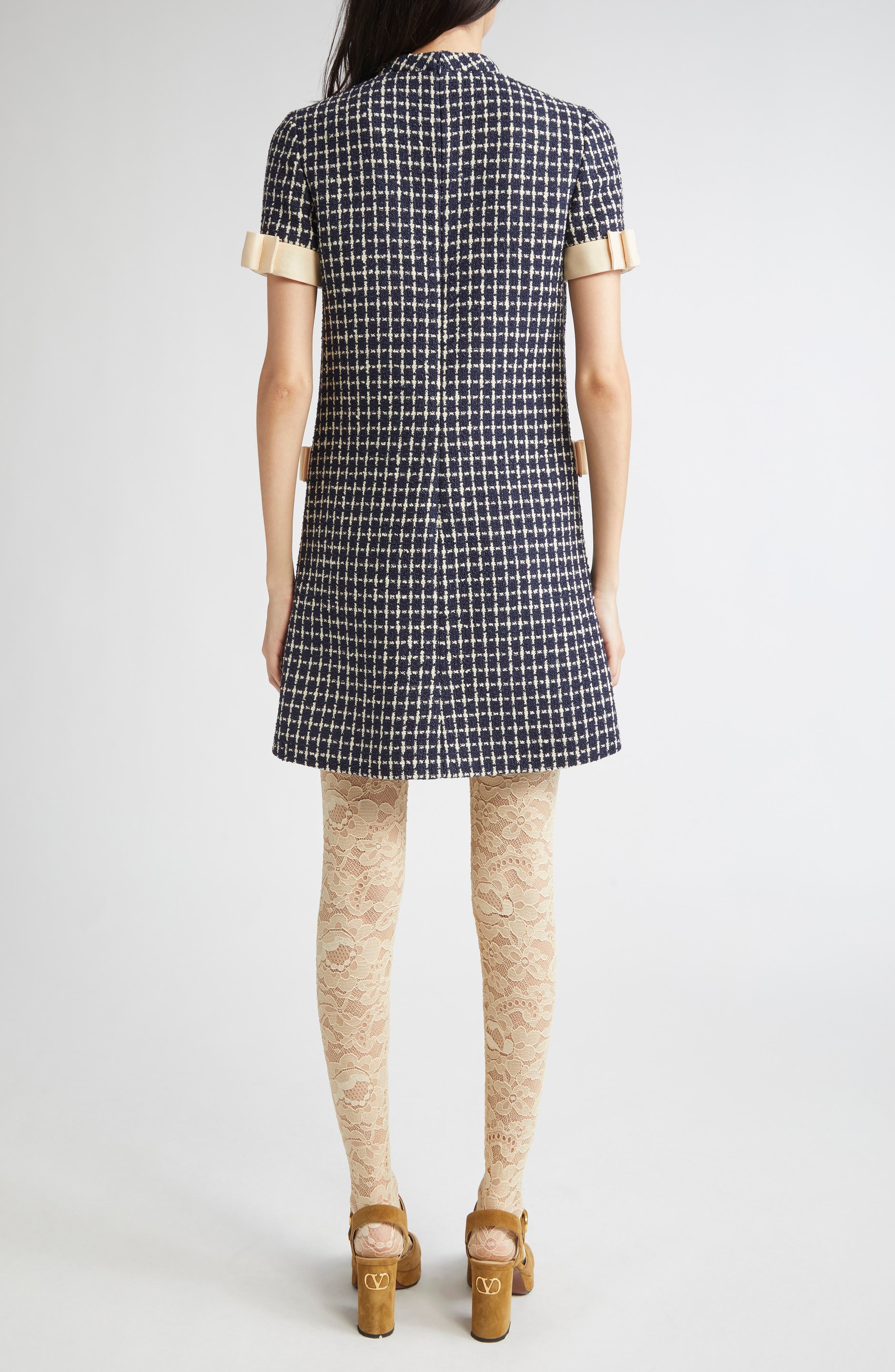 Valentino Garavani Bow Detail Wool & Silk Bouclé Dress in White/Navy at Nordstrom - 2