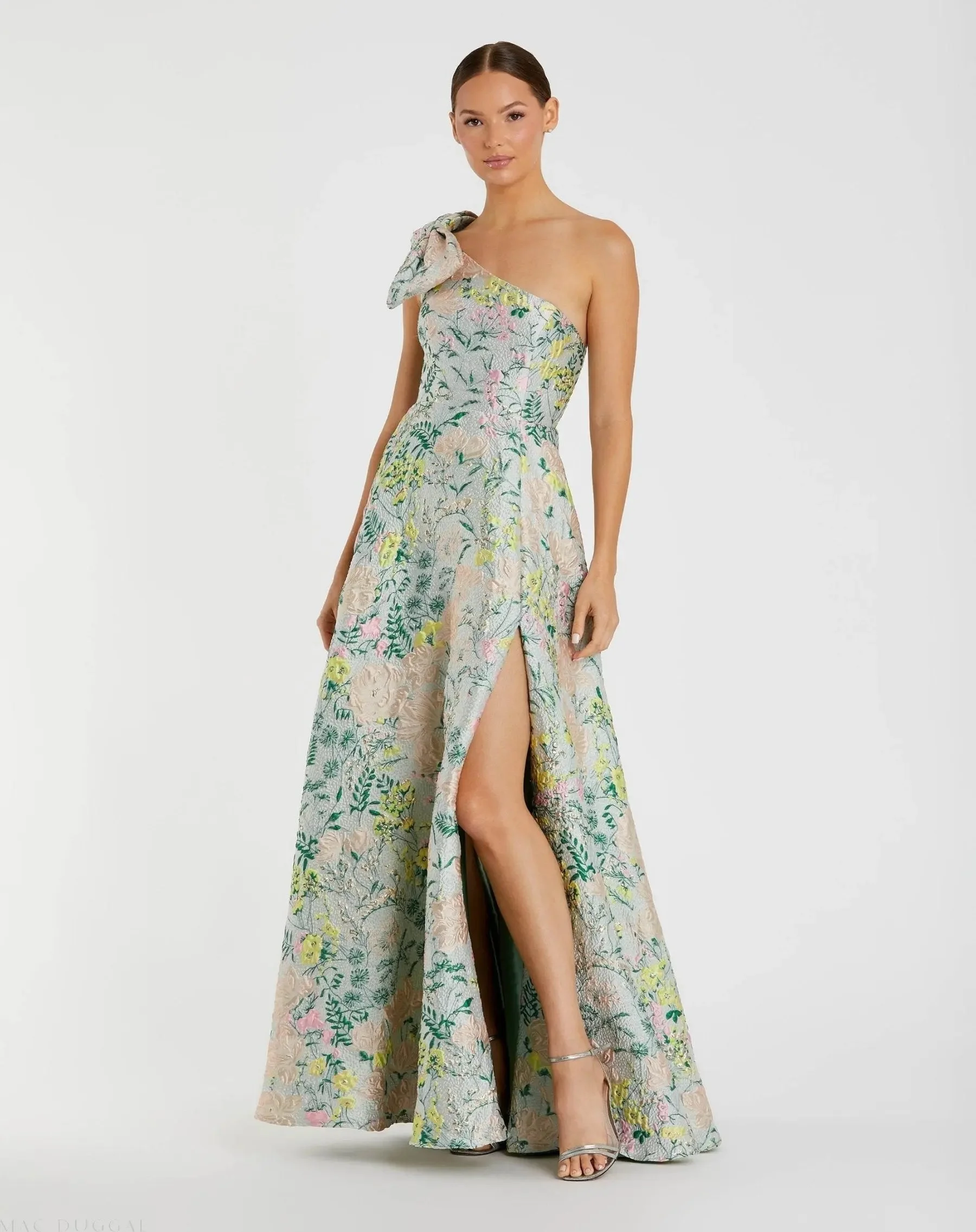 Multicolor One Shoulder Brocade Floral Gown With Bow - 1