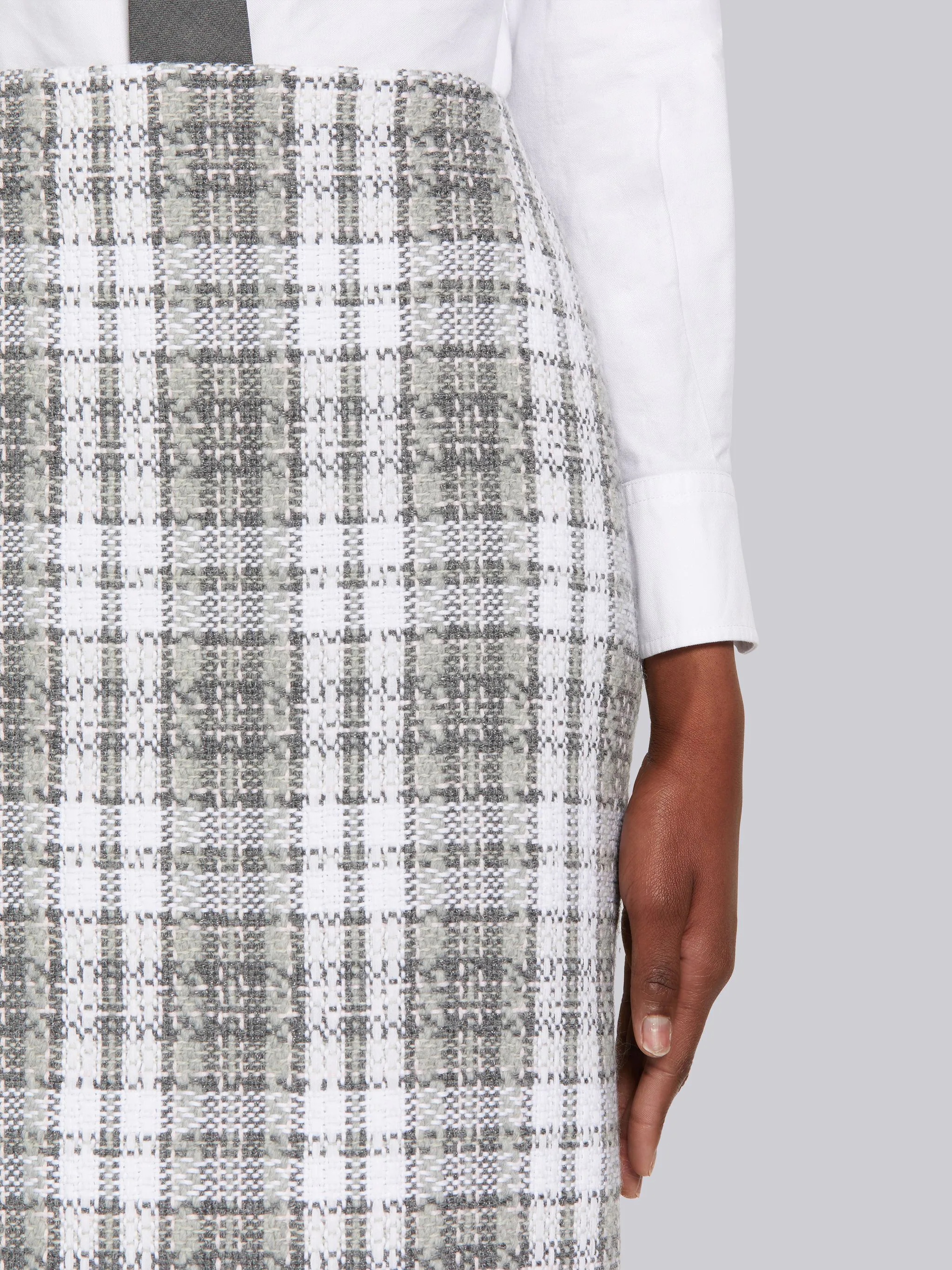 Medium Grey Tartan Check Tweed Frayed Low-rise Pencil Skirt - 4