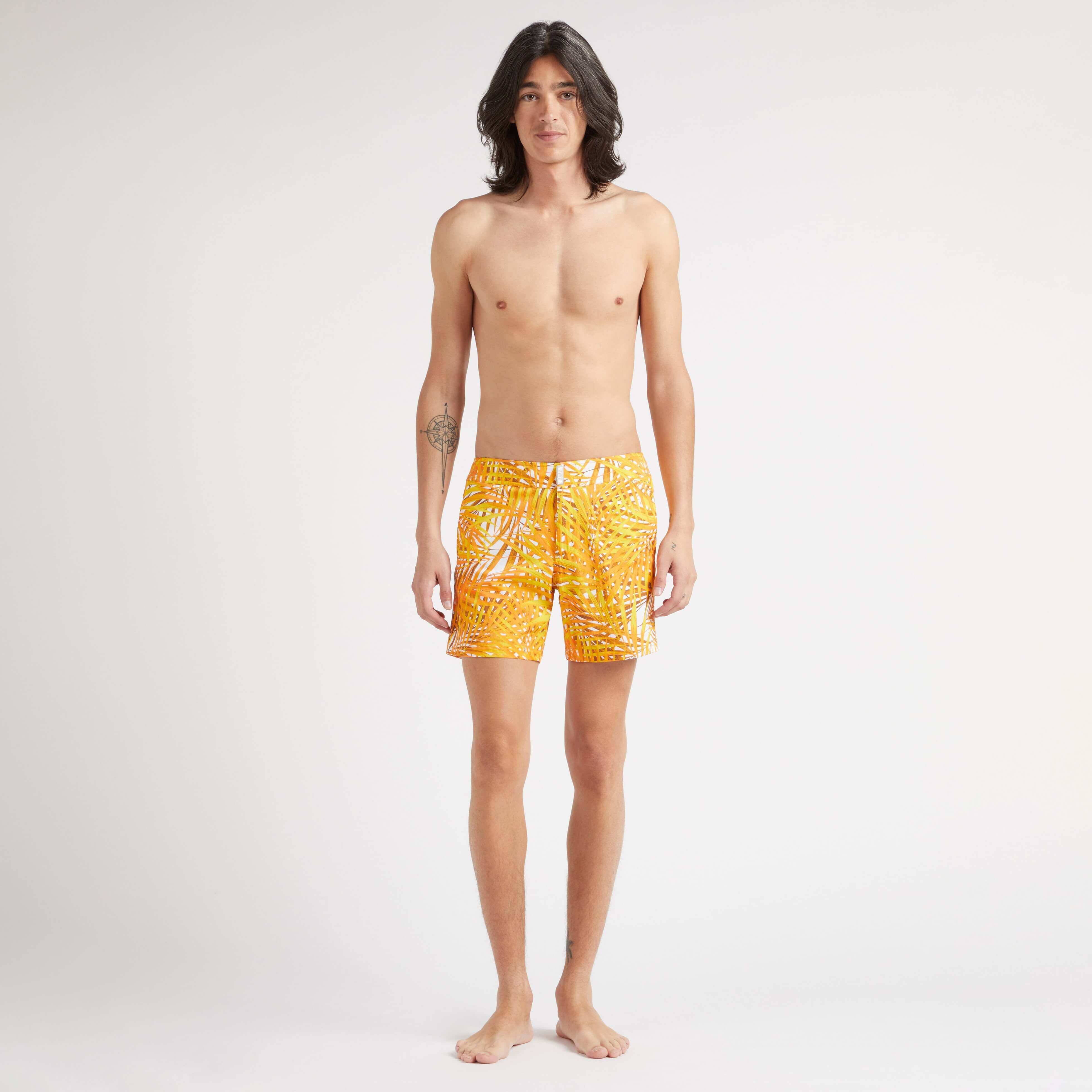 Men Stretch Short Swim Trunks Flat Belt Palm Leaves - 3