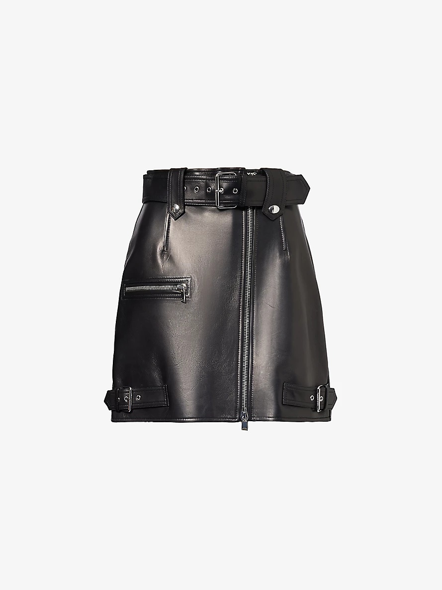 Buckle-embellished zip-front leather mini skirt - 1